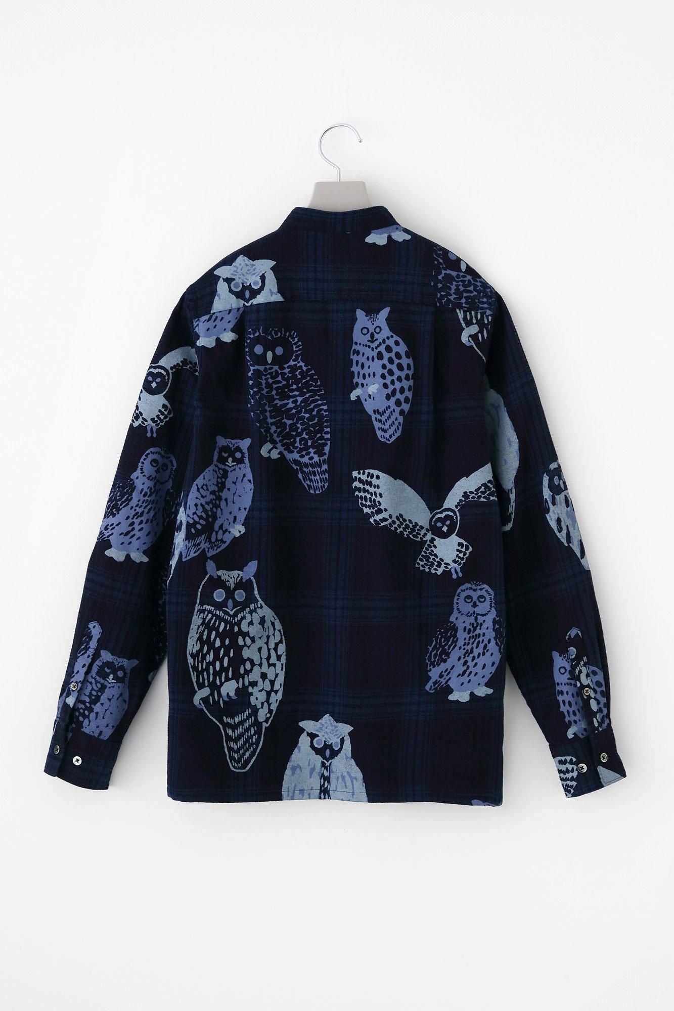 Indigo Flannel Check Stand Collar Long-sleeved Shirt SP / Owl