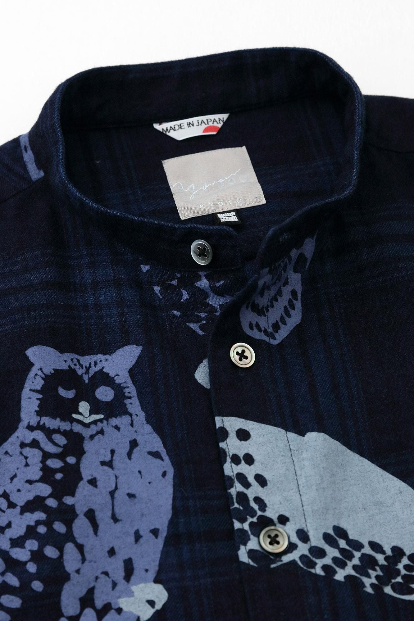 Indigo Flannel Check Stand Collar Long-sleeved Shirt SP / Owl