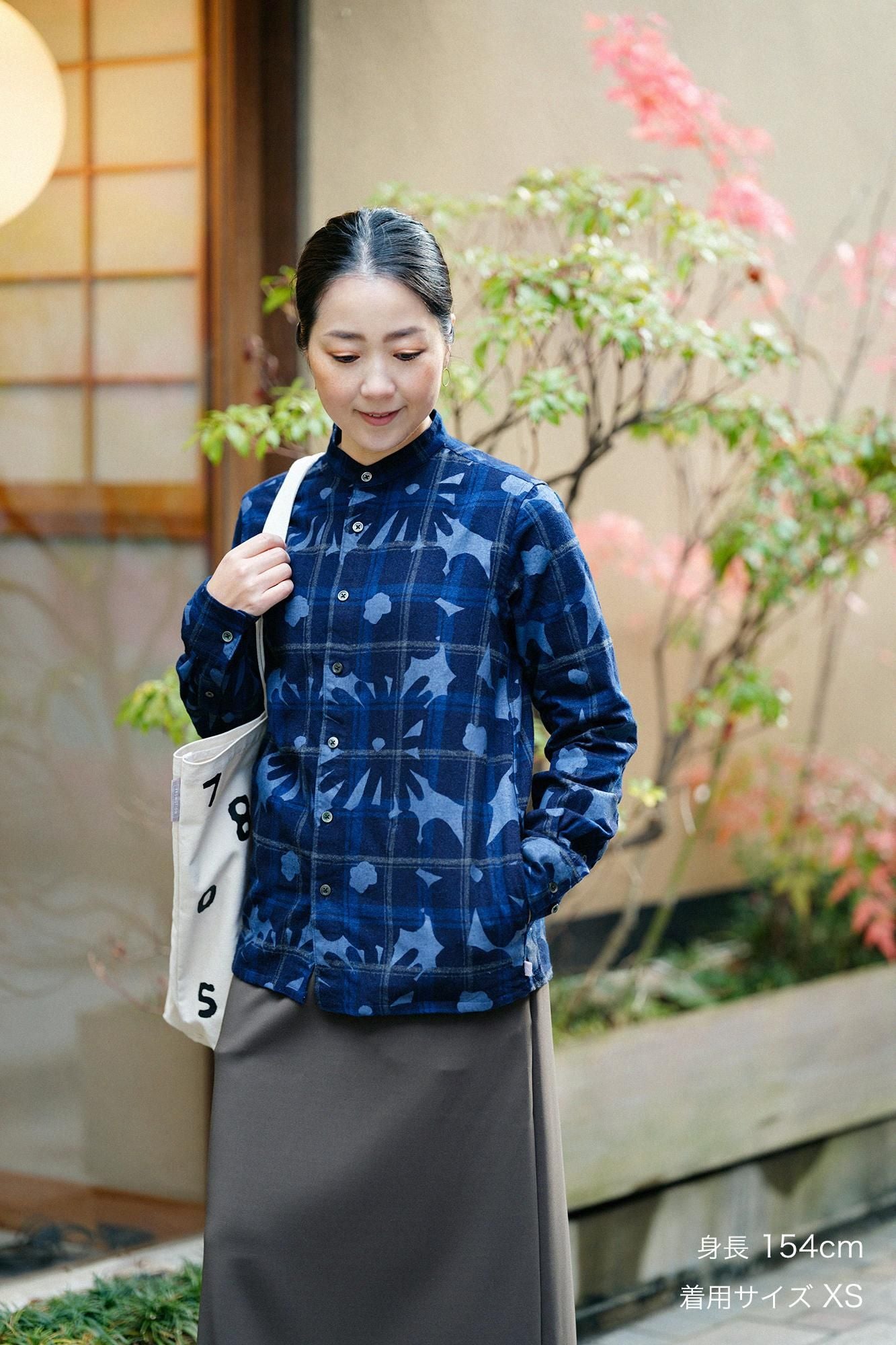 靛藍染法蘭絨格子立領長袖襯衫SP /落落大方