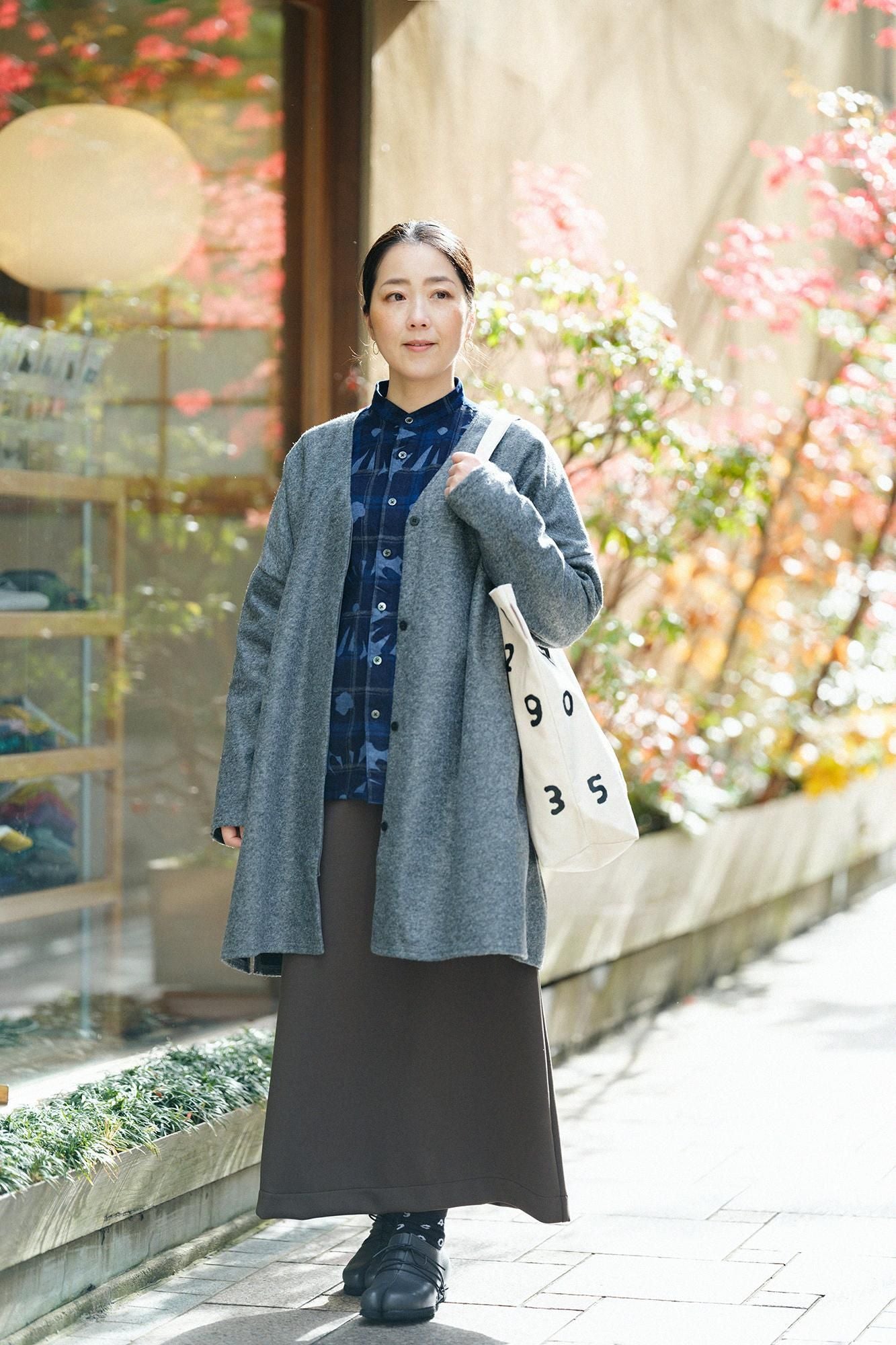 靛藍染法蘭絨格子立領長袖襯衫SP /落落大方