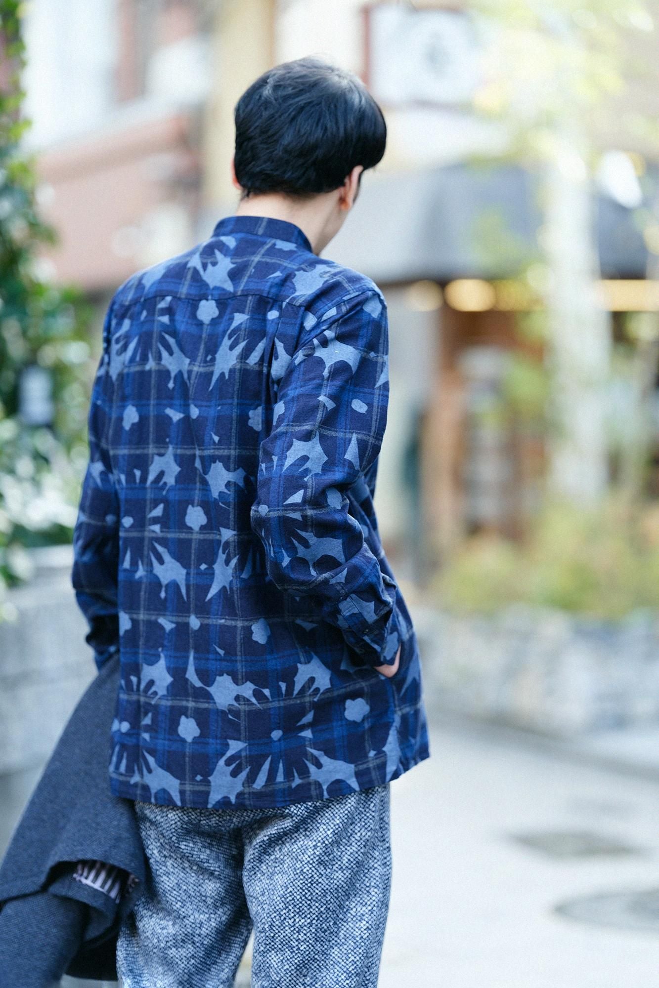 靛藍染法蘭絨格子立領長袖襯衫SP /落落大方