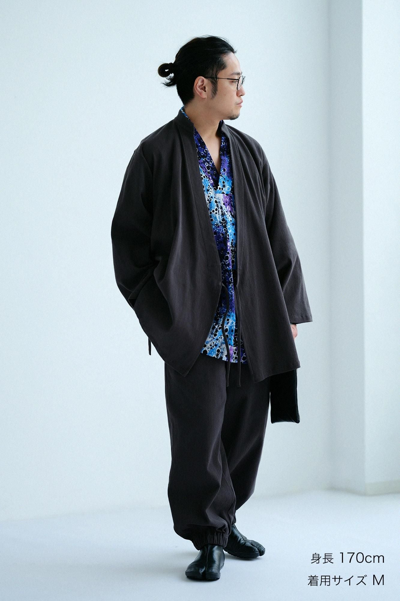 高島縮 20/10 ピケエンボス 作務衣(さむえ) 下/濃灰(こいはい)