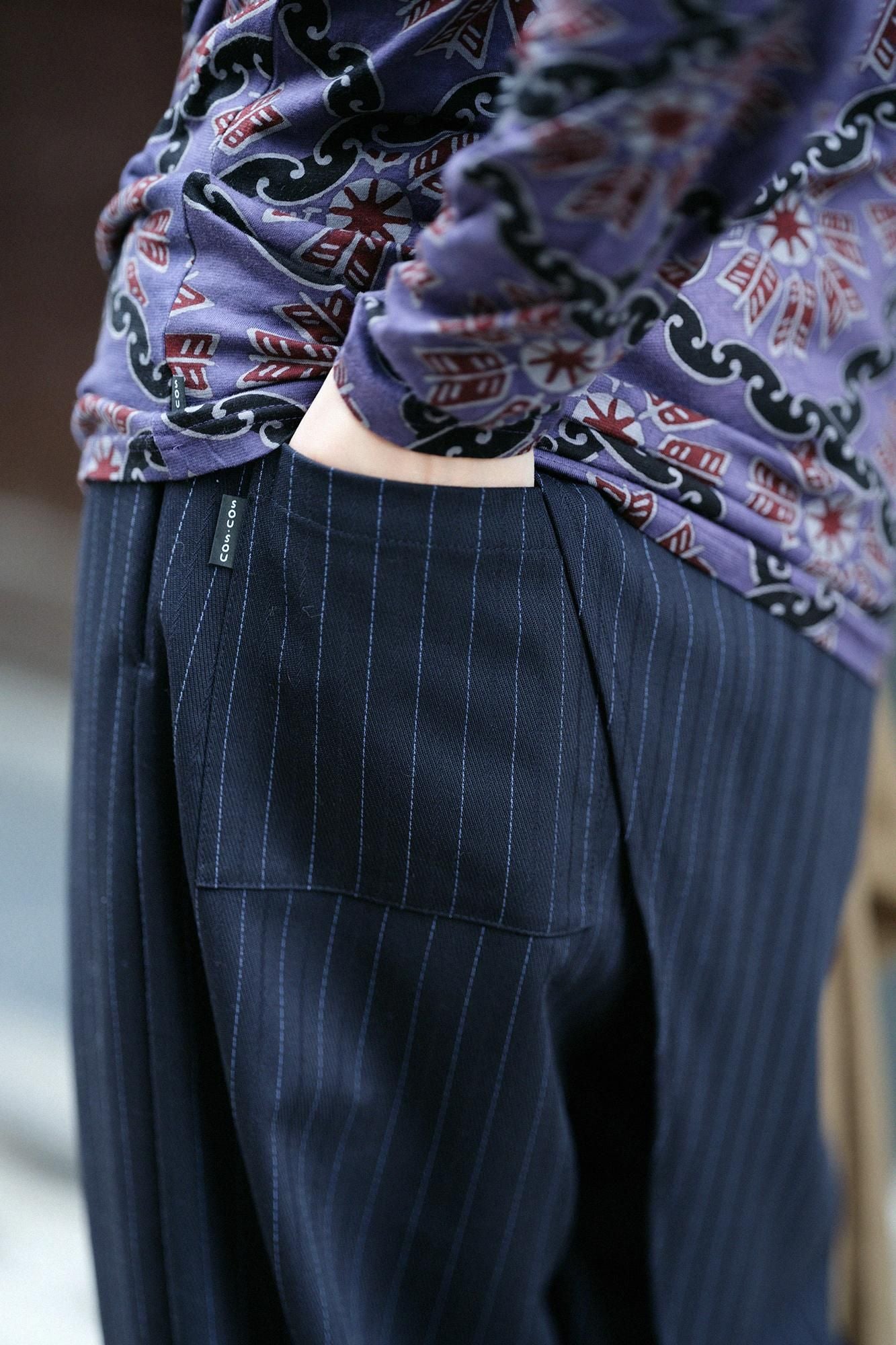 Combed Yarn Herringbone Weave Wrap Harem Pants / Dark Blue Stripes