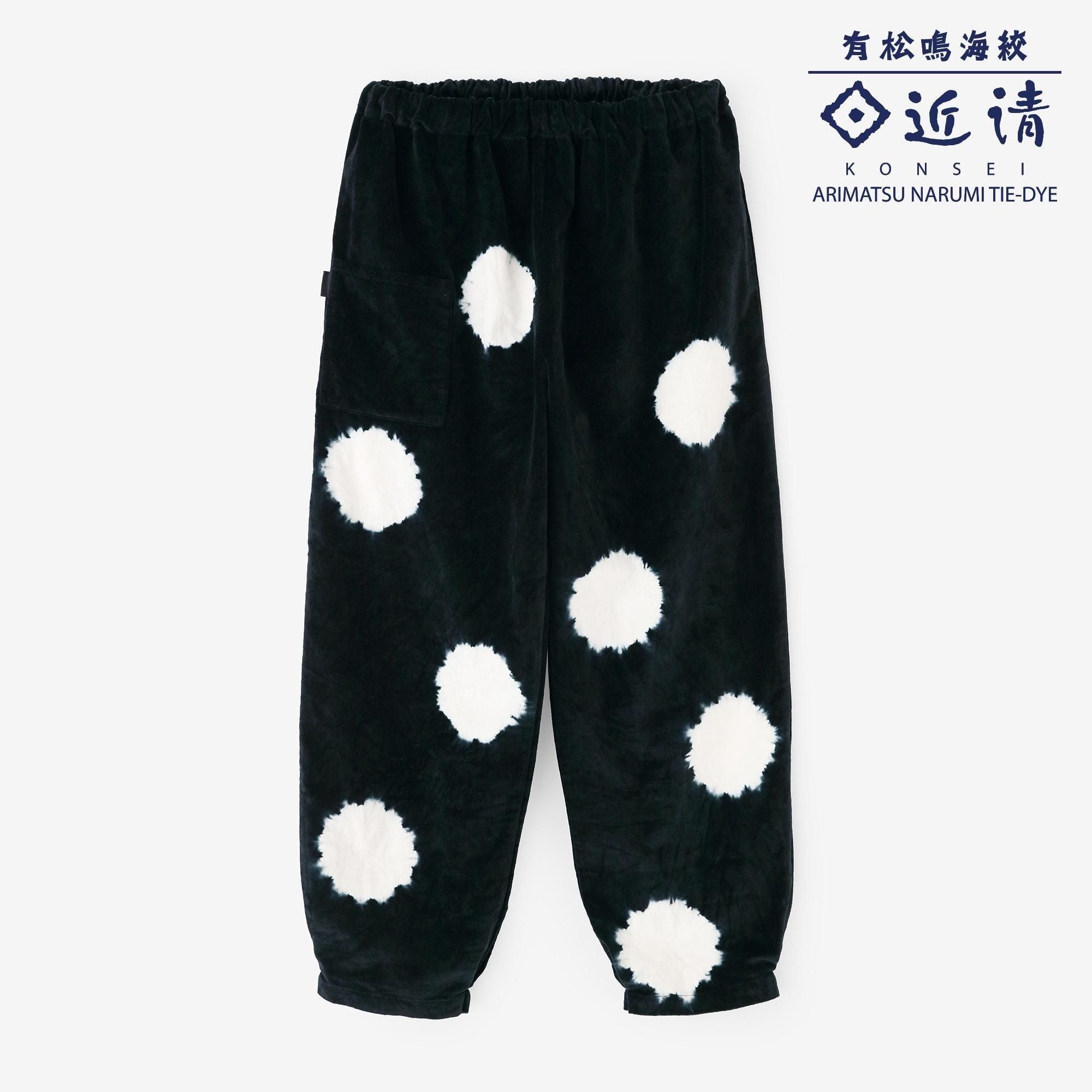 Konsei Tie-dye Blue Green Cotton-linen Blend Monpe Workers Pants / Large Polka Dots Black x Raw White