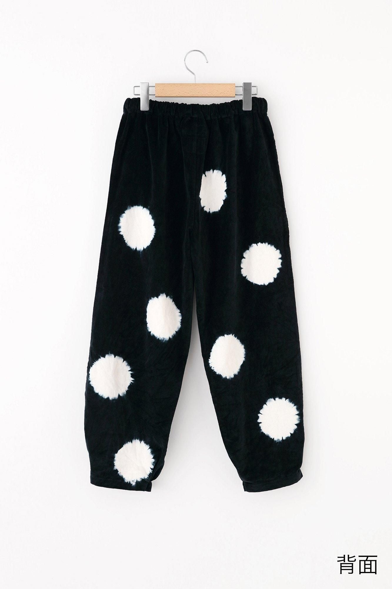 Konsei Tie-dye Blue Green Cotton-linen Blend Monpe Workers Pants / Large Polka Dots Black x Raw White