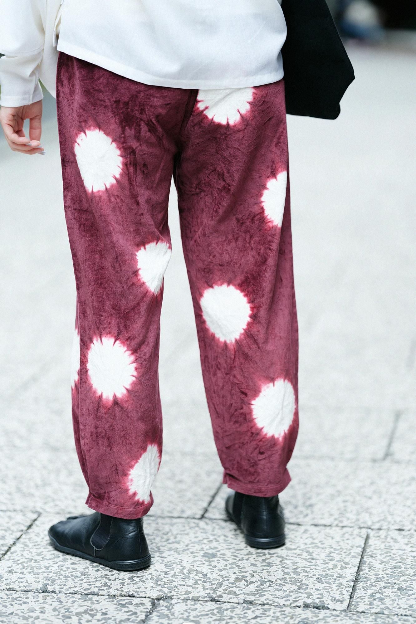 근청 시보리 코튼 린넨 벨벳 히다 몸뻬/물방울 다크 레드(코이쿠레나이) x 생 화이트(키지로)