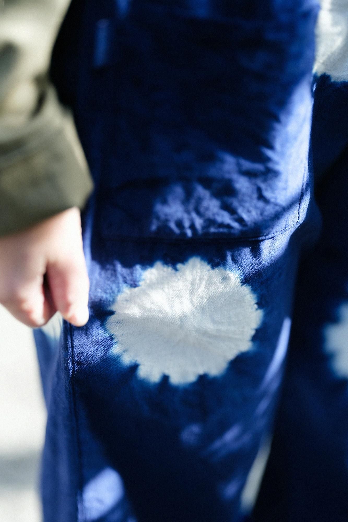 近清紮染棉麻紡藍綠色工人褲/大圓點寶藍色x本白