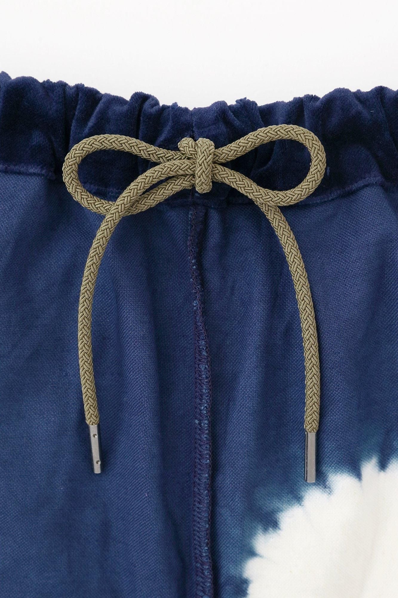 近清紮染棉麻紡藍綠色工人褲/大圓點寶藍色x本白