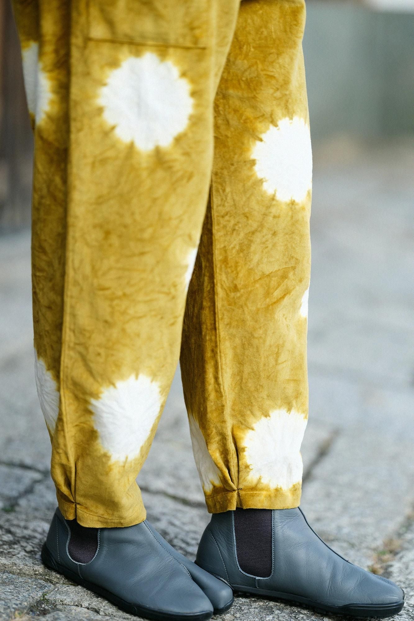 近清紮染棉麻紡藍綠色工人褲/大圓點芥末黃x本白