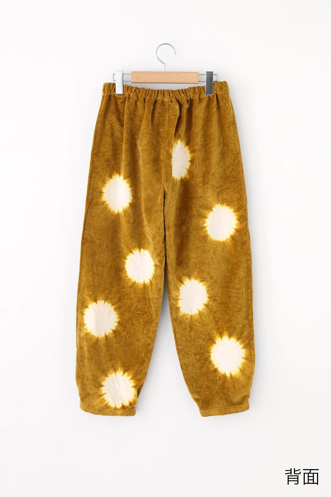 近清紮染棉麻紡藍綠色工人褲/大圓點芥末黃x本白