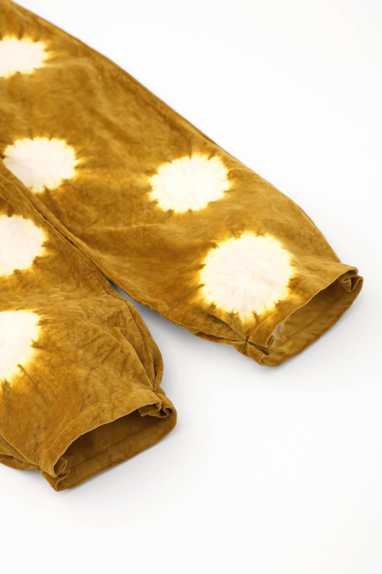 近清紮染棉麻紡藍綠色工人褲/大圓點芥末黃x本白