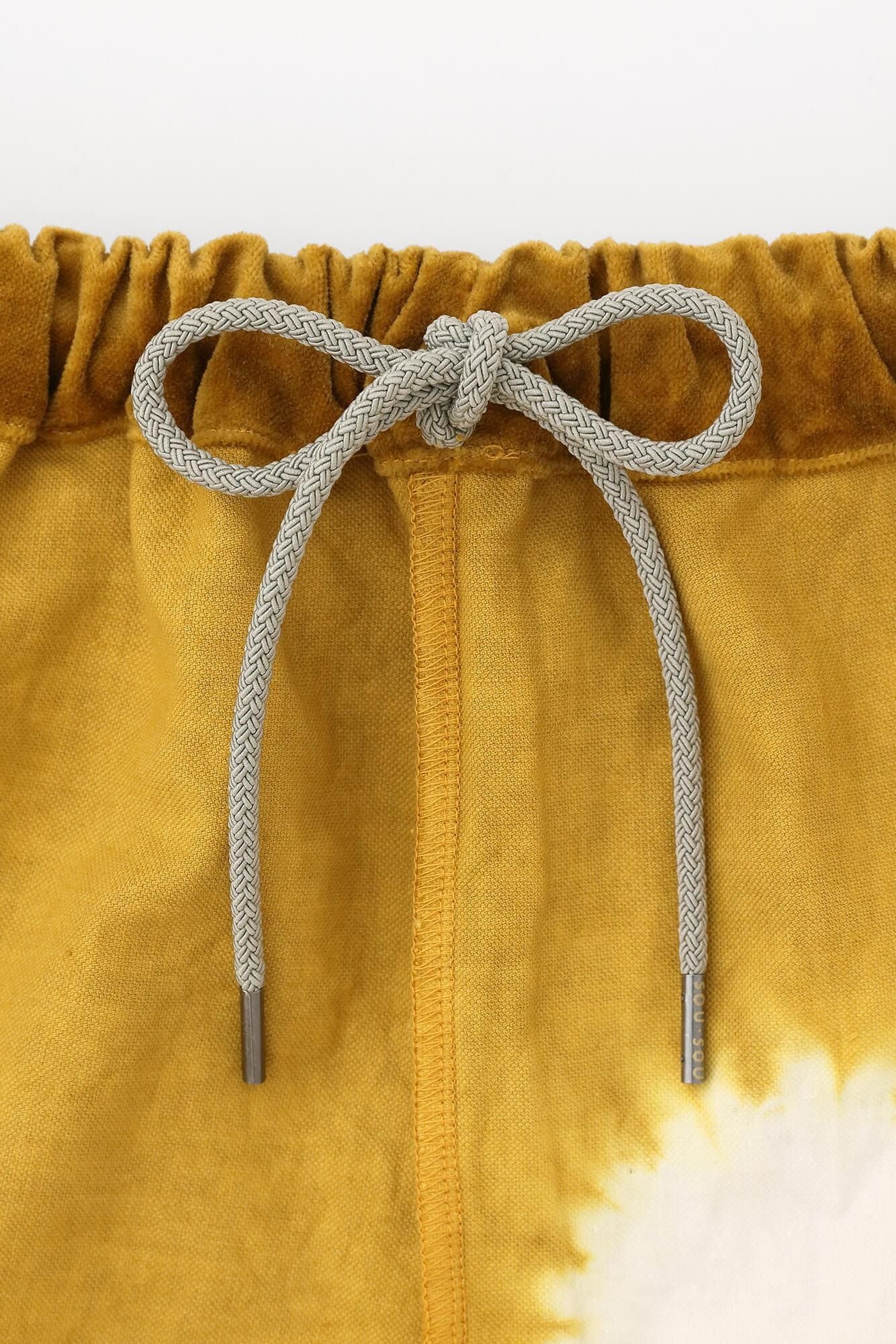 近清紮染棉麻紡藍綠色工人褲/大圓點芥末黃x本白