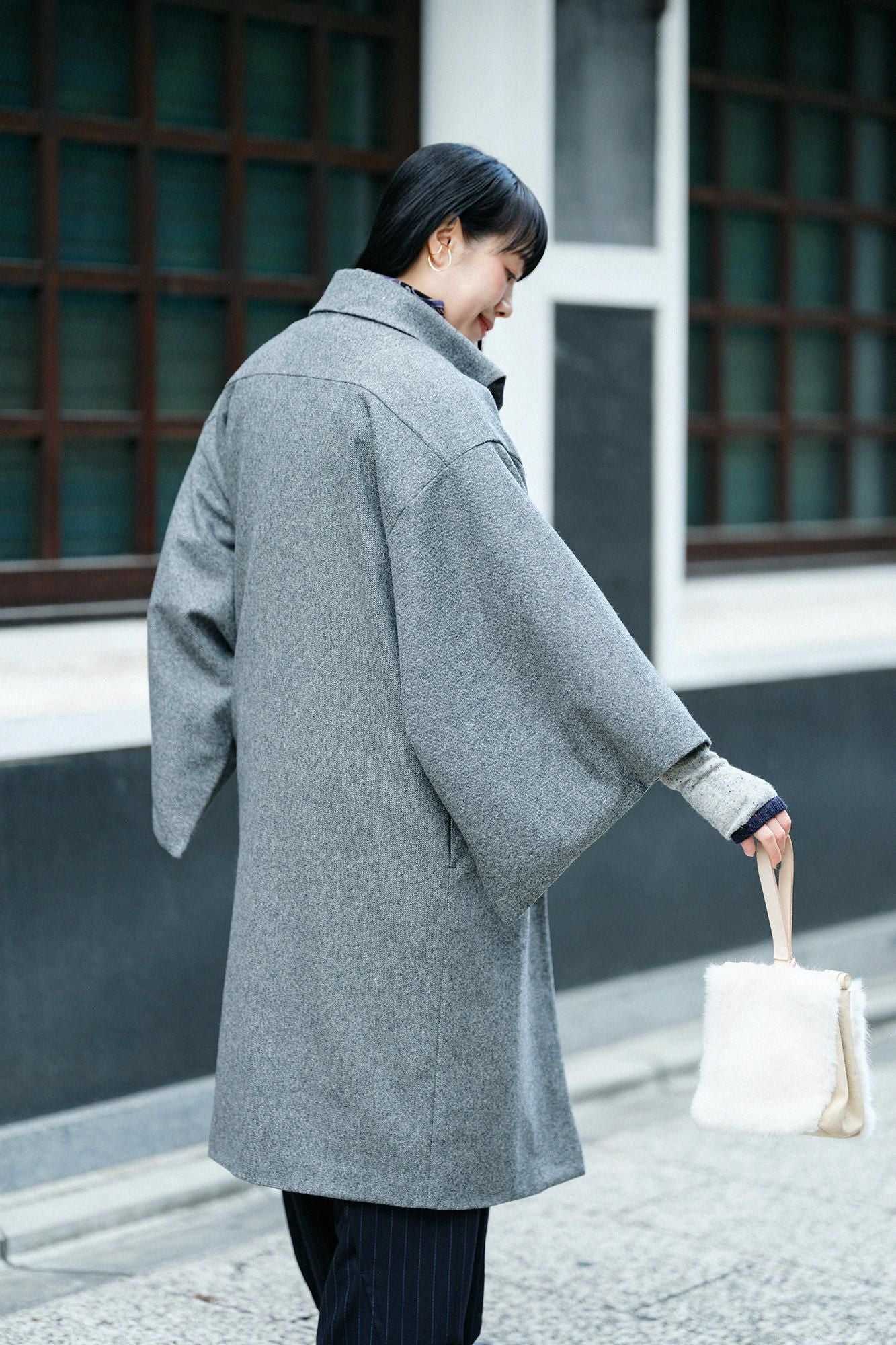 Combed Yarn Twill Weave Kimono Sleeve Coat with Lining / Heather Dark Grey