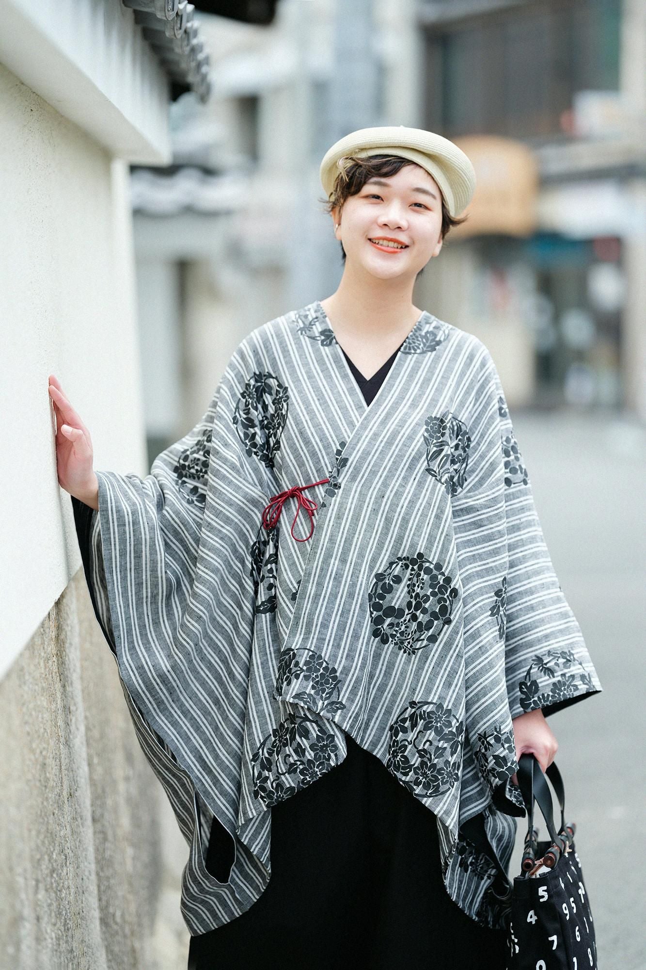 Linen Kisaragi Poncho / Harumaru Pattern Scattered and Blank
