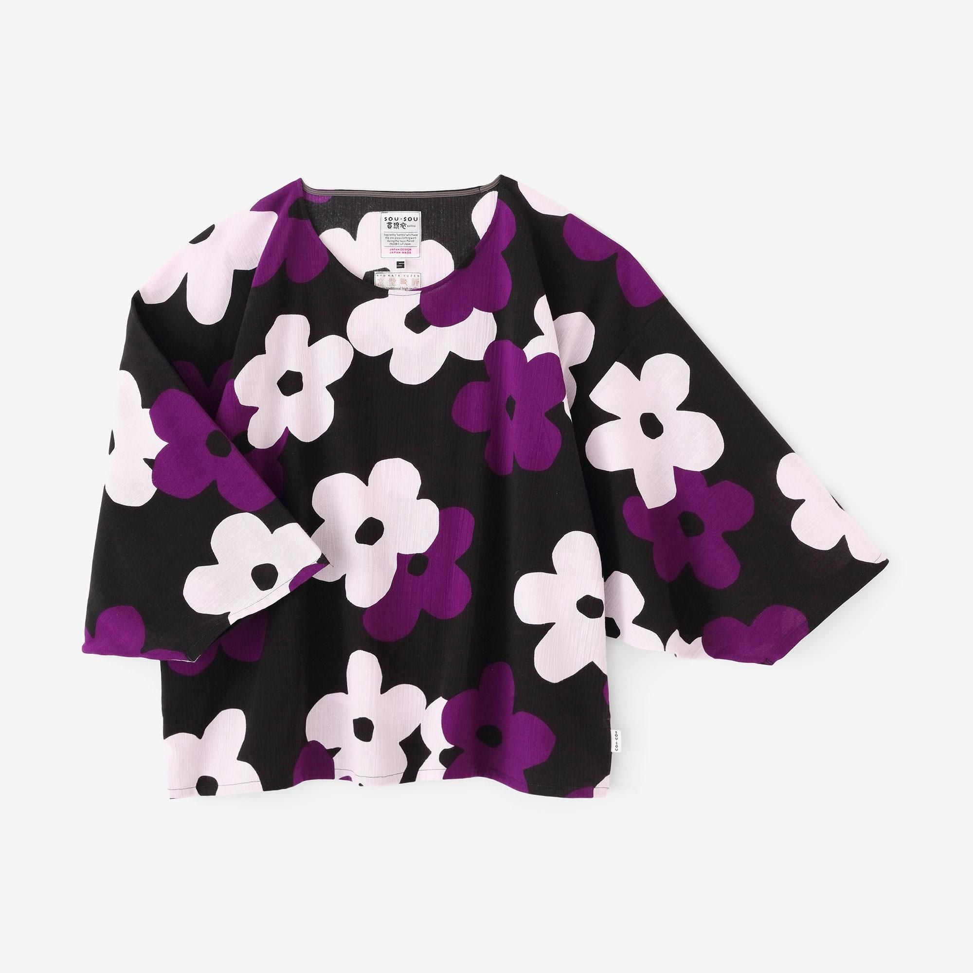 Chizimi Cotton 20/20 Naginata Square Top / Layered-flowers Black Purple