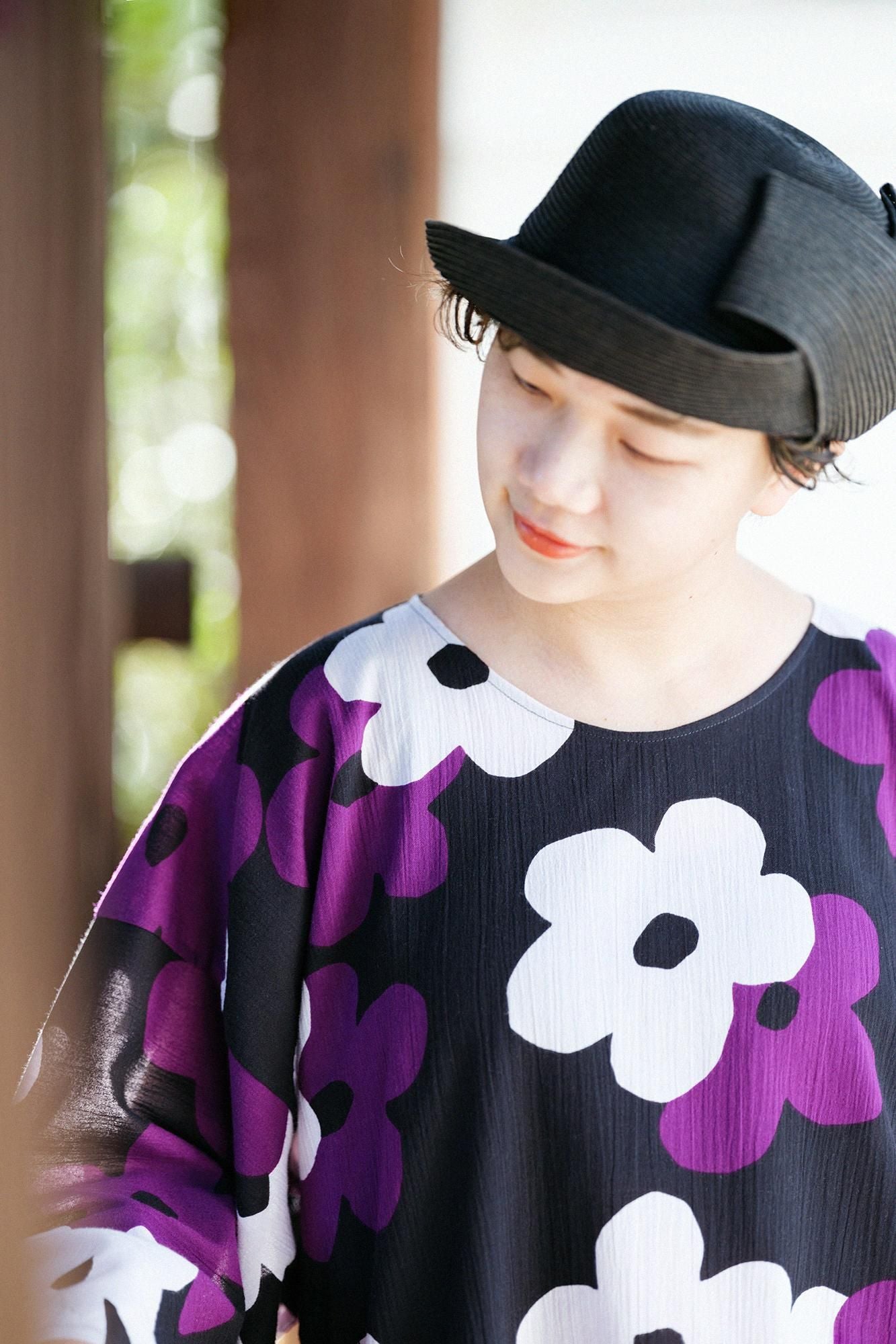 Chizimi Cotton 20/20 Naginata Square Top / Layered-flowers Black Purple