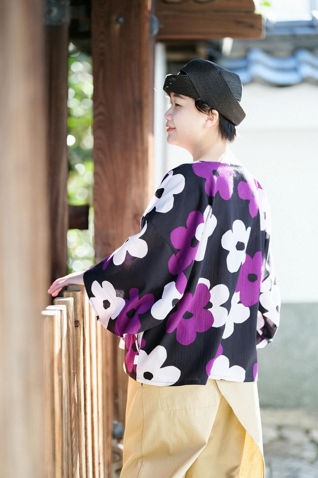 Chizimi Cotton 20/20 Naginata Square Top / Layered-flowers Black Purple