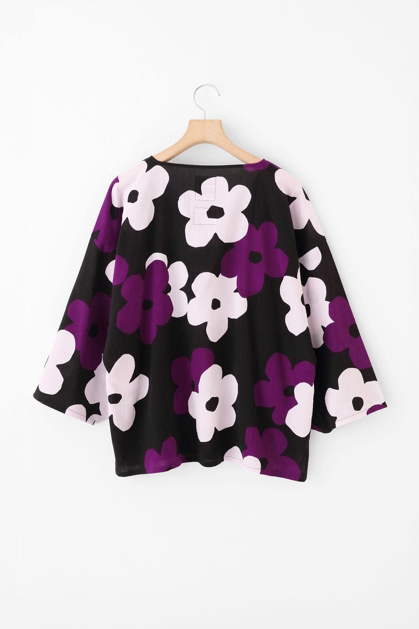 Chizimi Cotton 20/20 Naginata Square Top / Layered-flowers Black Purple