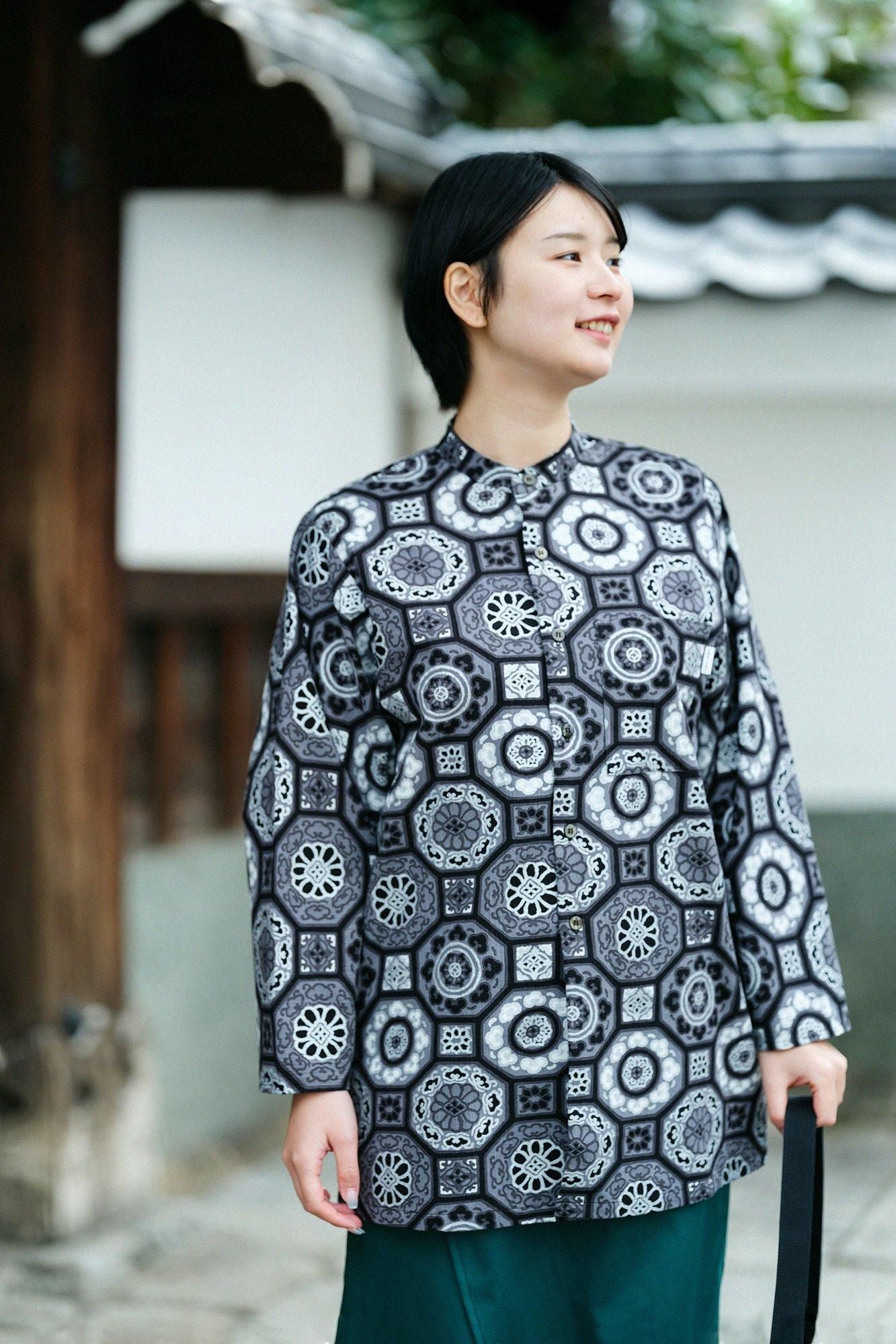 高島縮棉 20/20圓弧袖長版襯衫/華麗 黑色