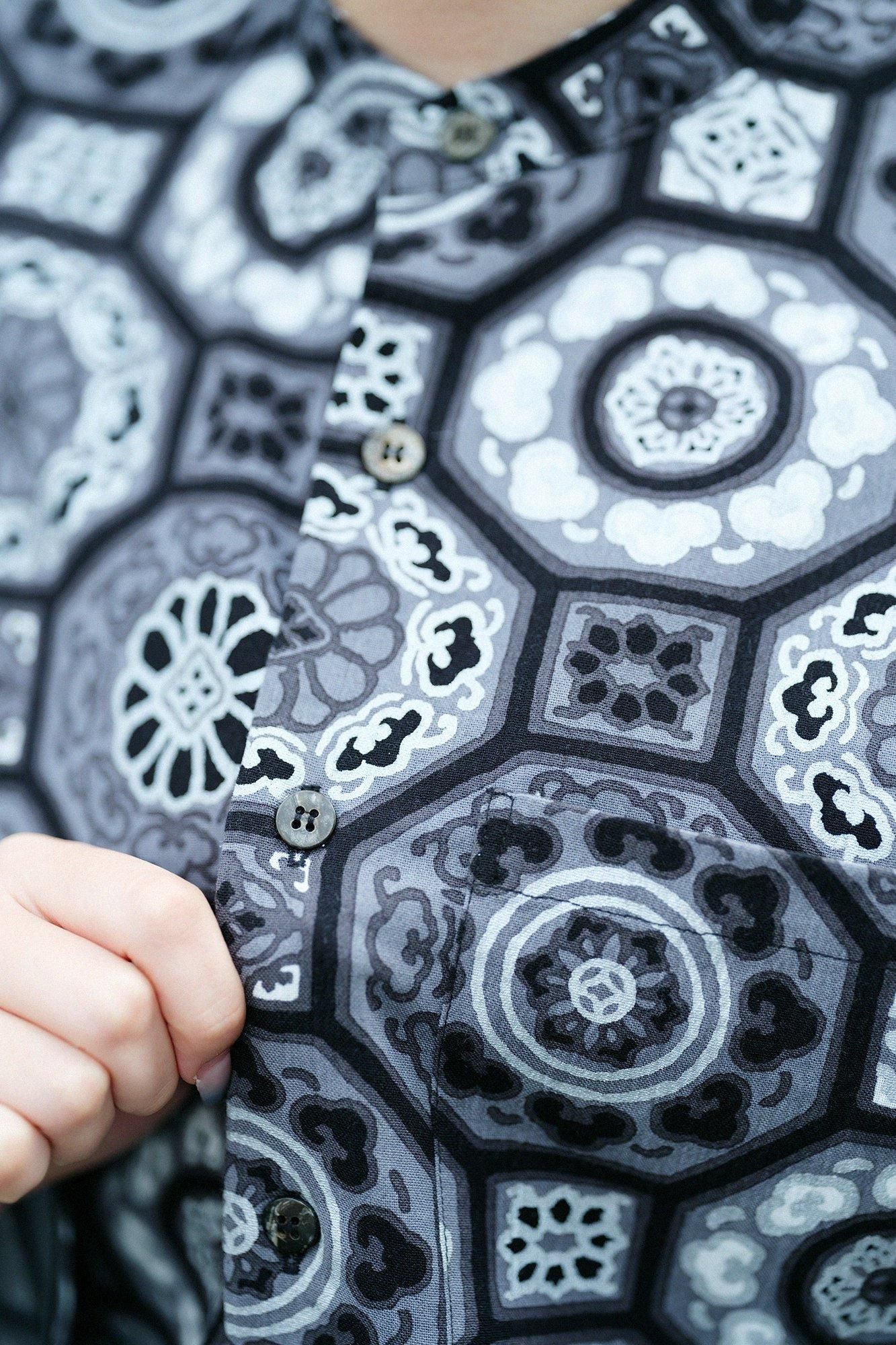 高島縮棉 20/20圓弧袖長版襯衫/華麗 黑色