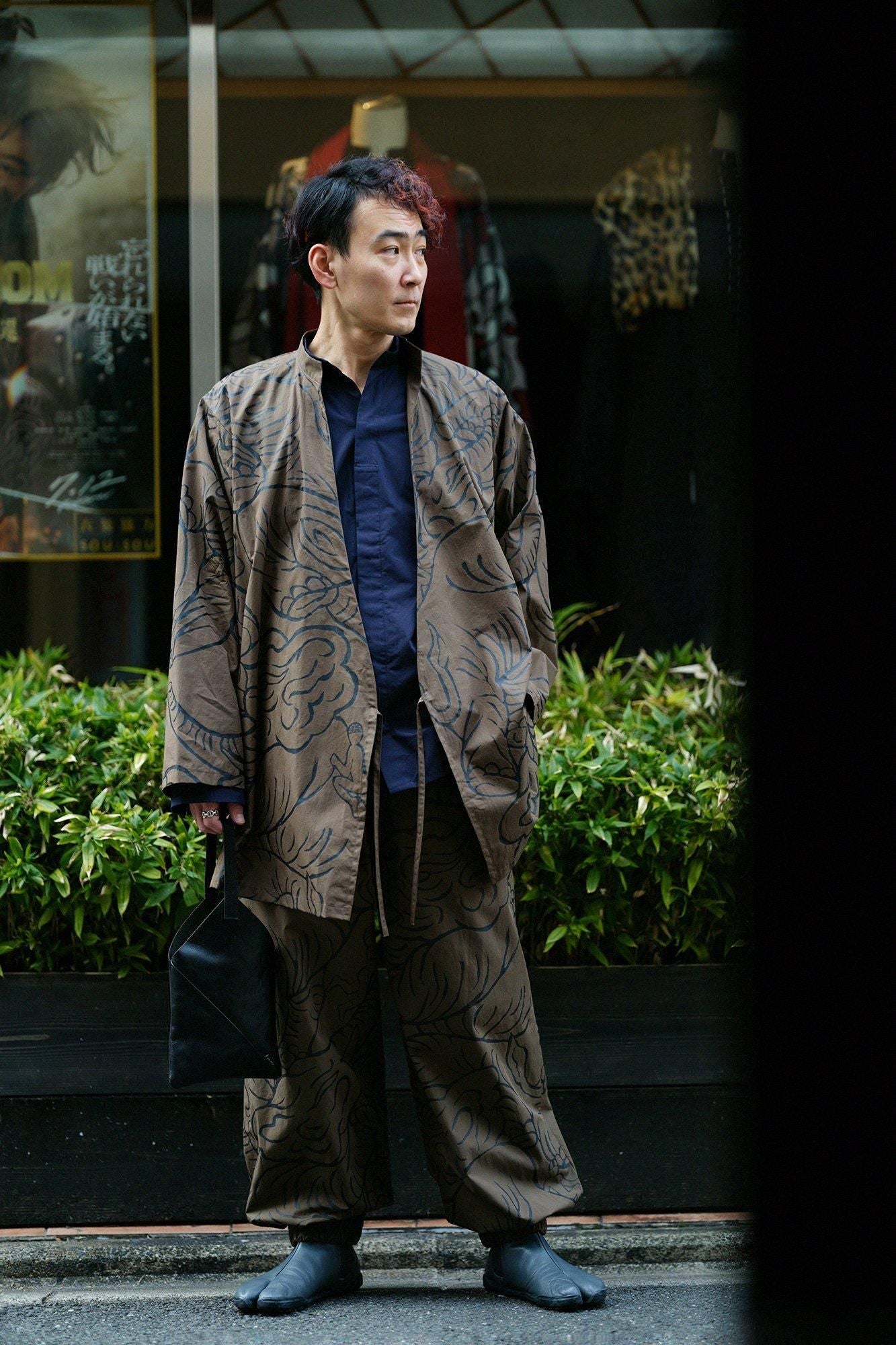 棉布立領筒形袖襯衫/暗藍色