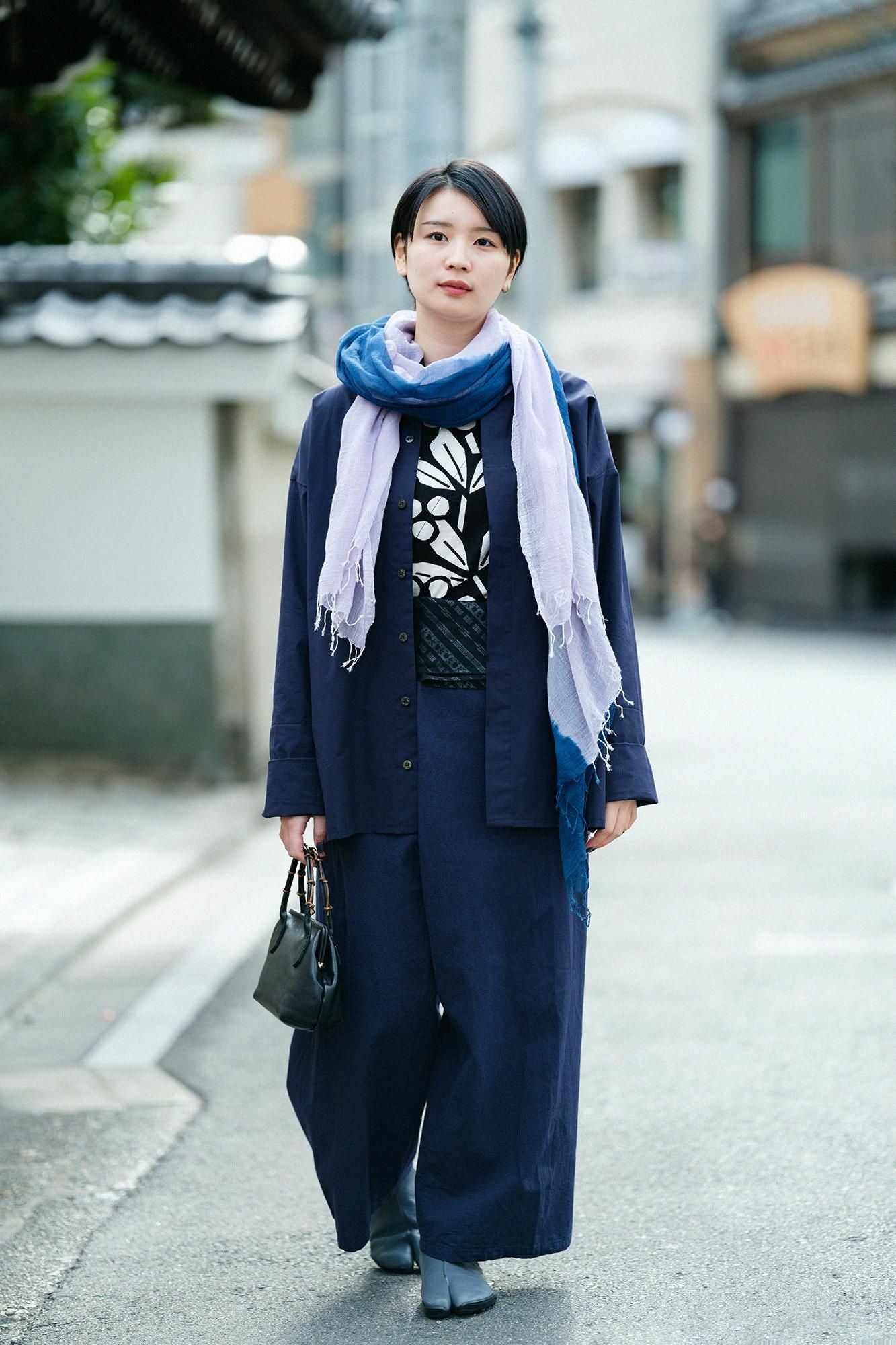 棉布立領筒形袖襯衫/暗藍色