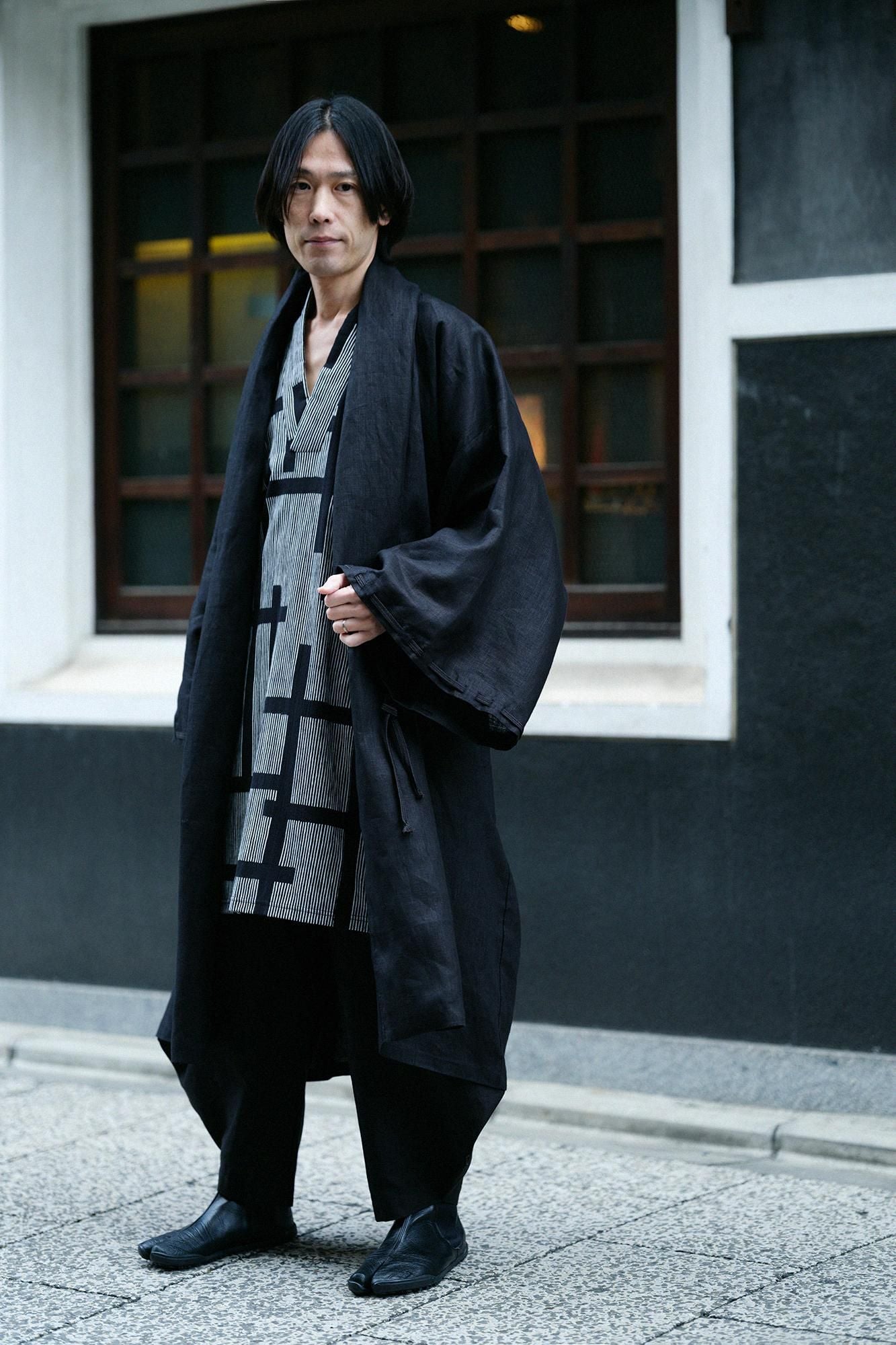 Chizimi Cotton 20/20 Long Fubi Kimono Shirt / Staggered Stripes and Fence