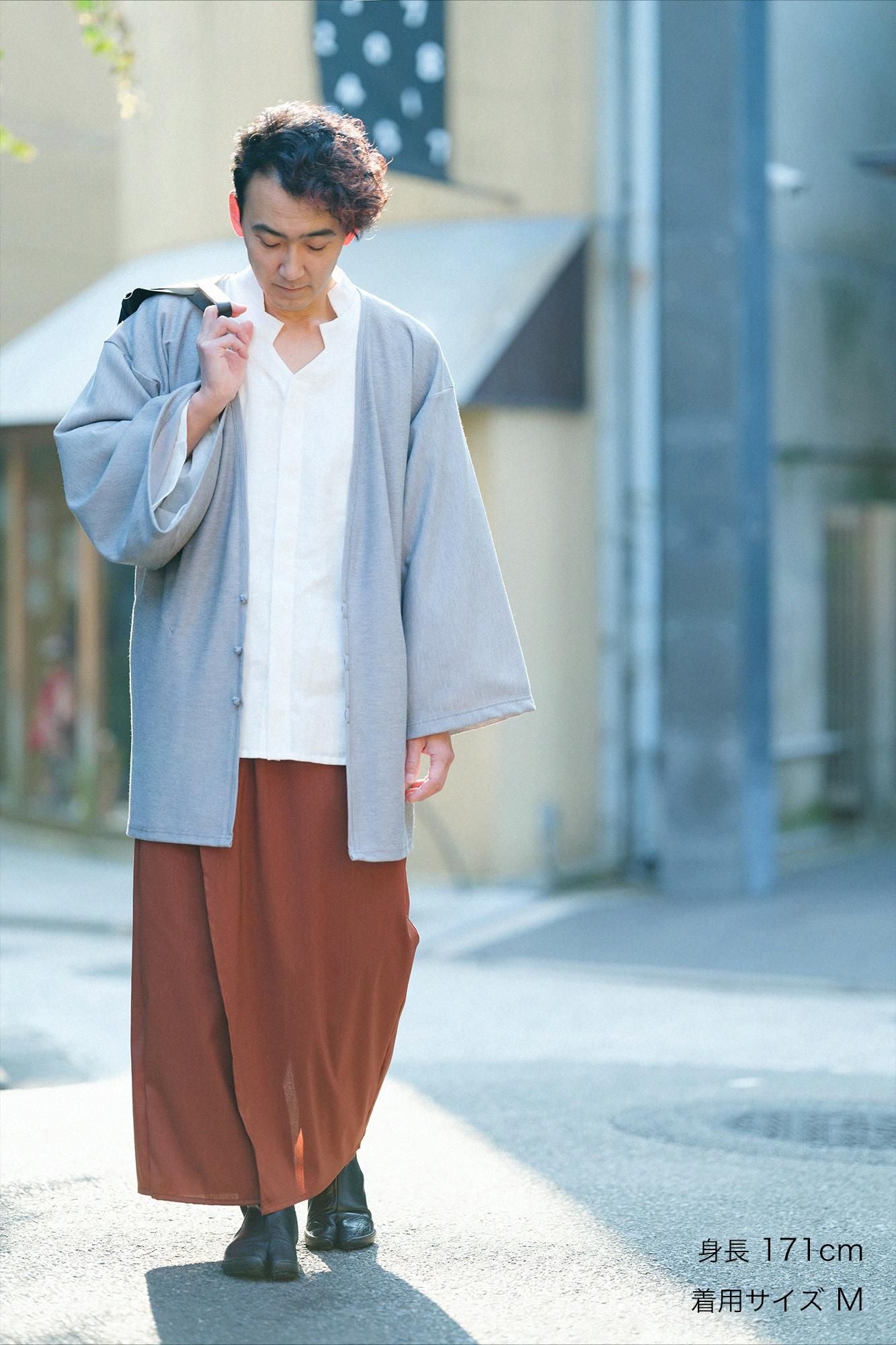 伸麻混紡 和服褲裝/紅棕色