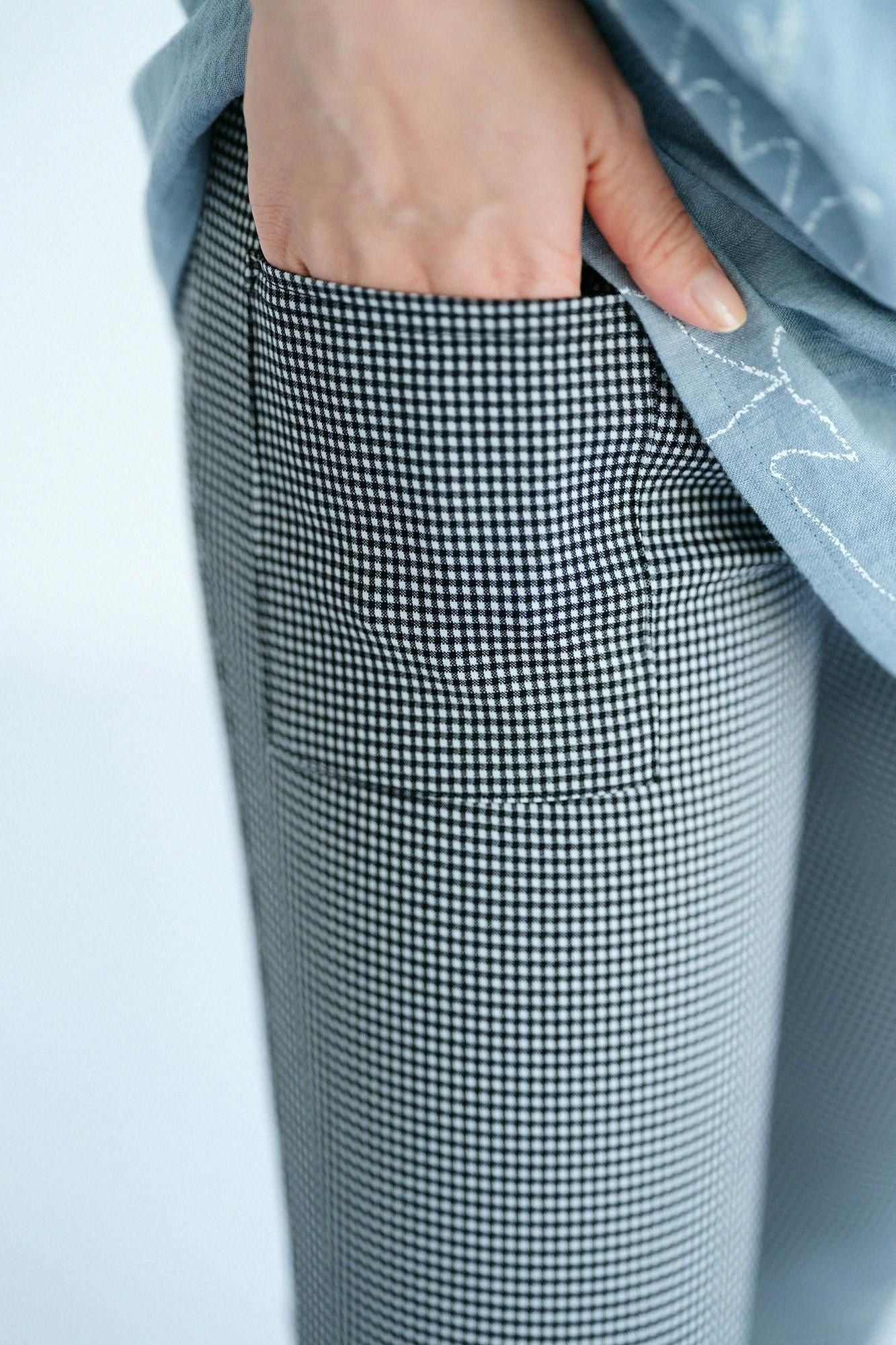 千鳥格紋編 窄版細腿褲/白色×黑色