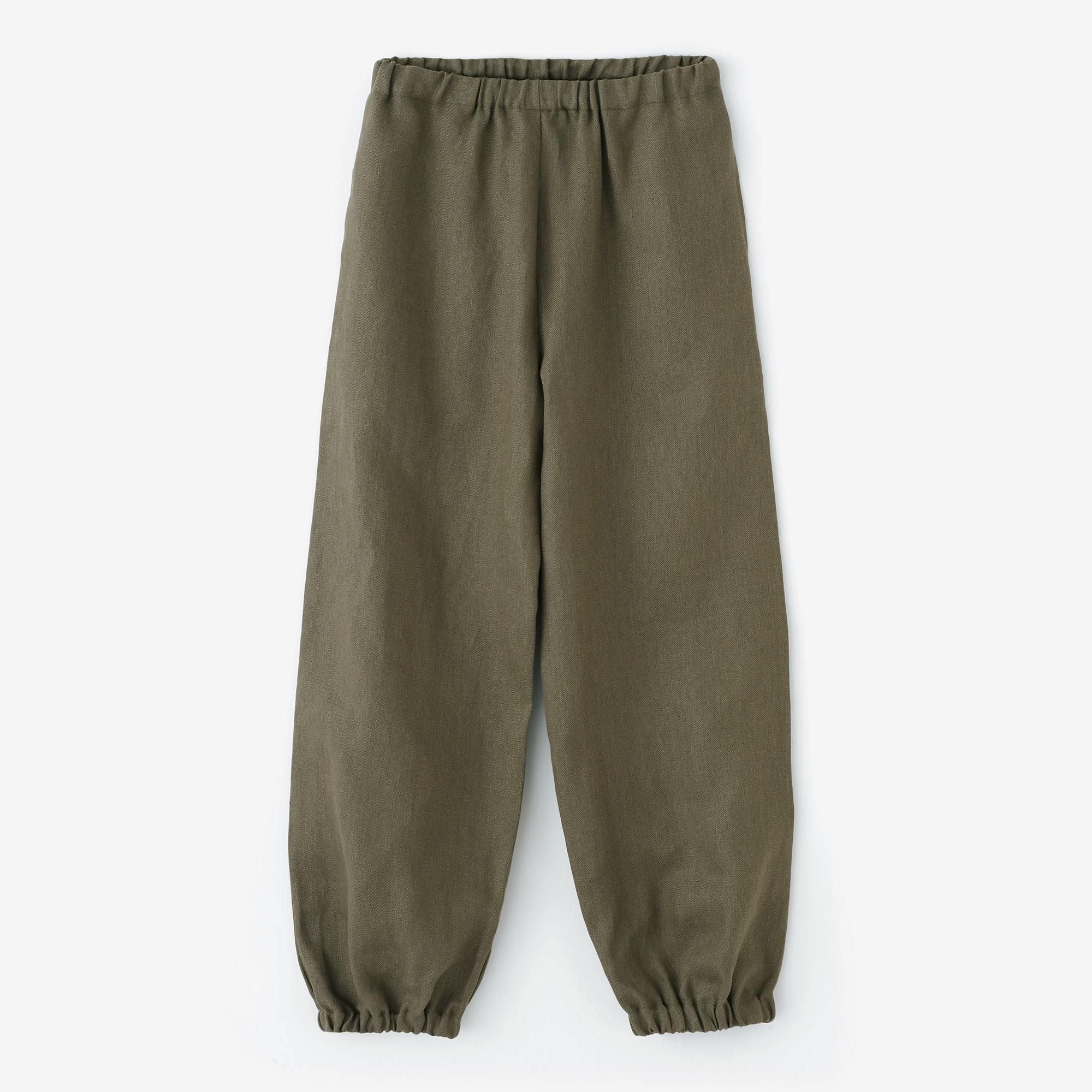 麻 斜紋織 作務衣下裝/橄欖綠