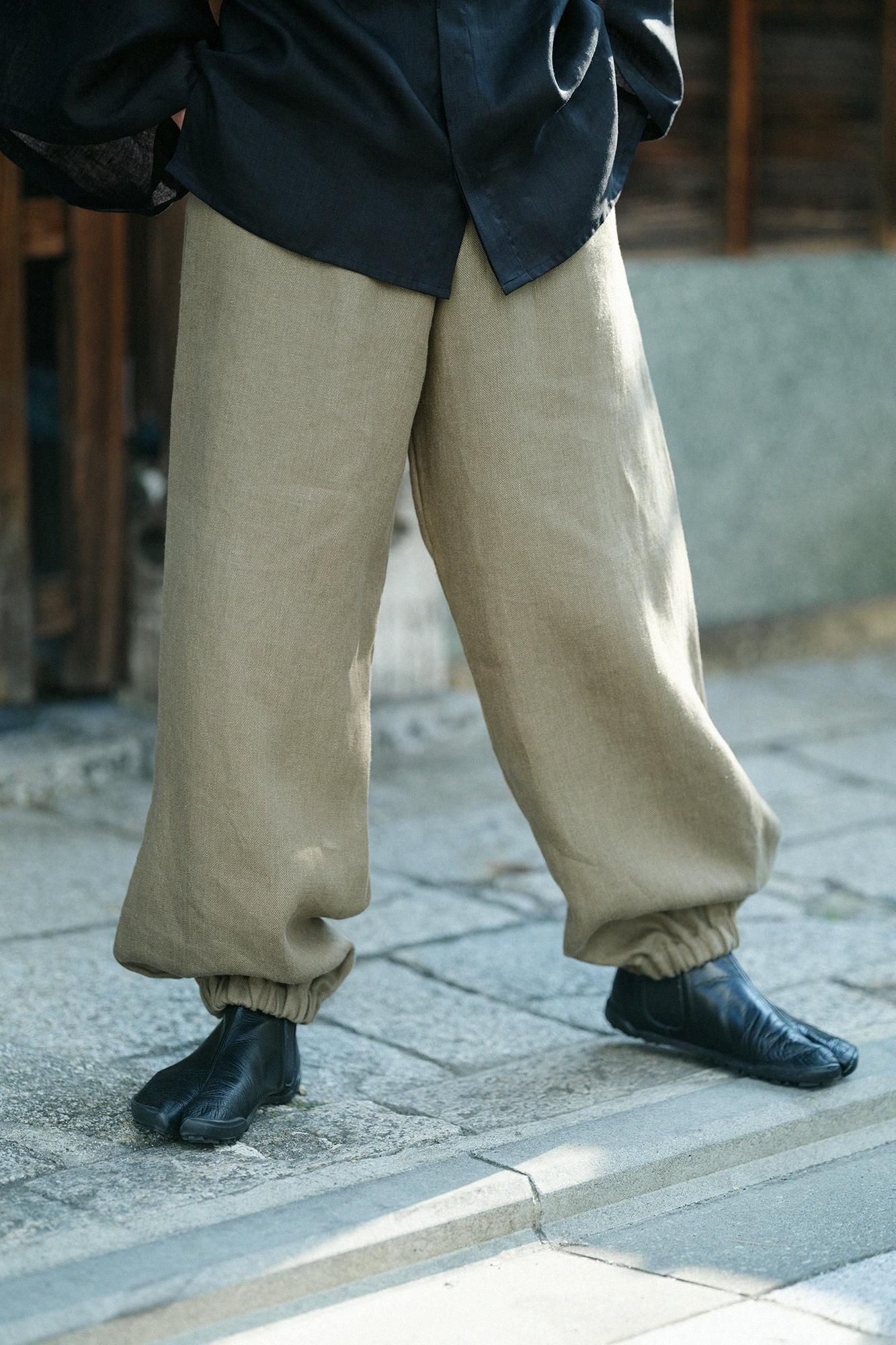 麻 斜紋織 作務衣下裝/橄欖綠