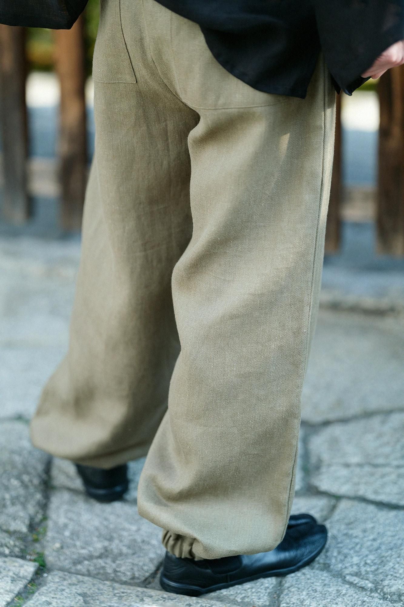 麻 斜紋織 作務衣下裝/橄欖綠