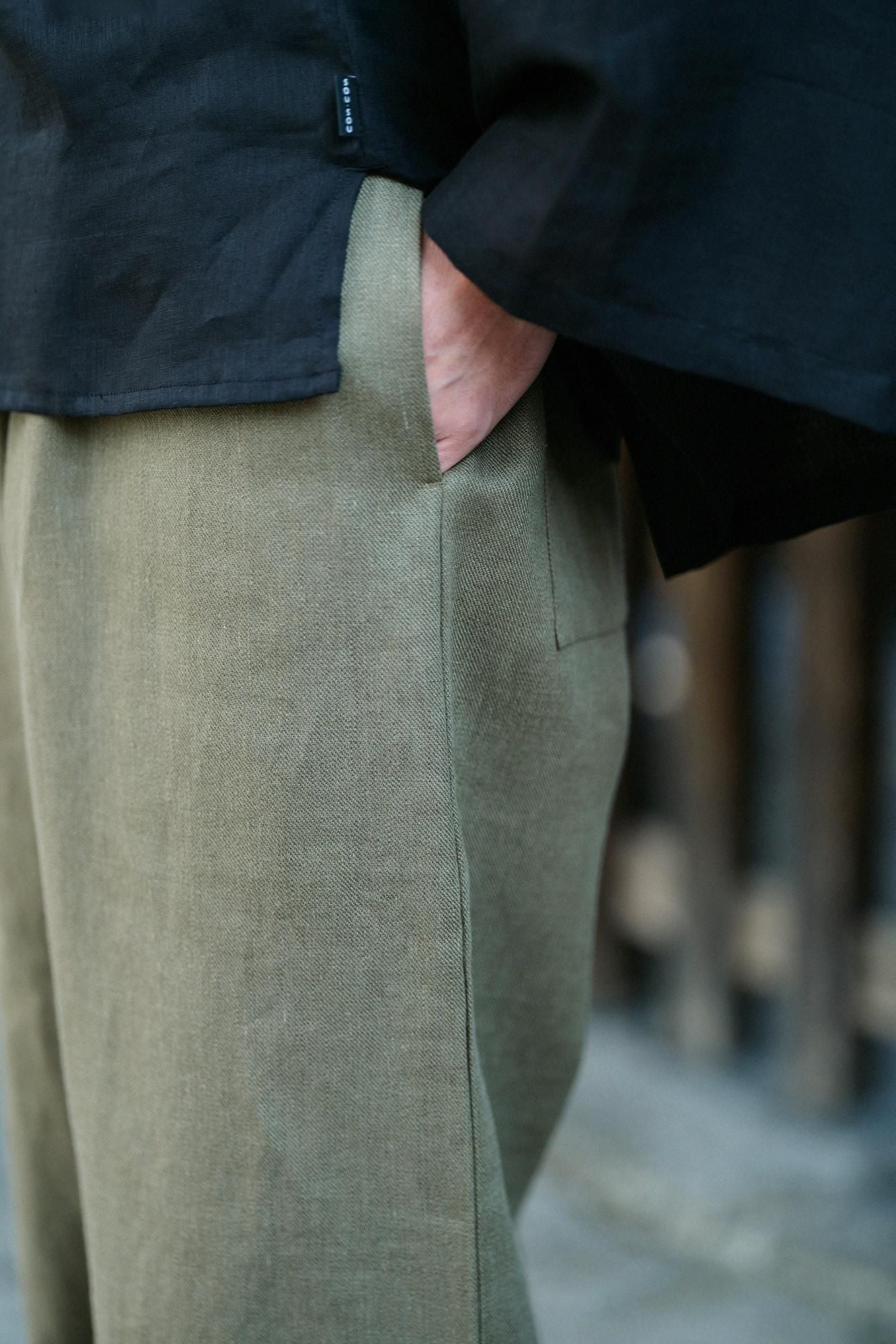 麻 斜紋織 作務衣下裝/橄欖綠