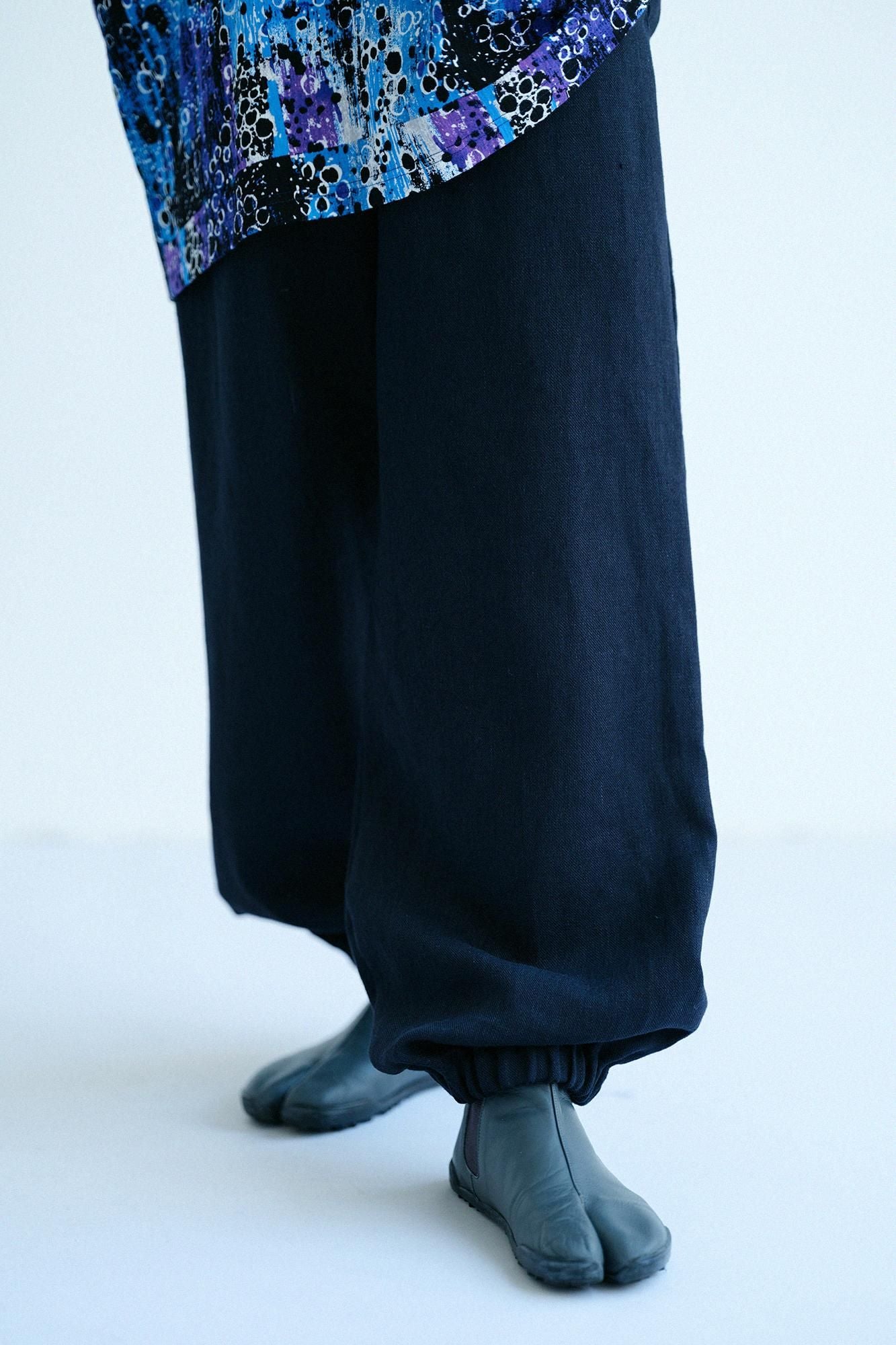 麻 斜紋織 作務衣下裝/暗藍色