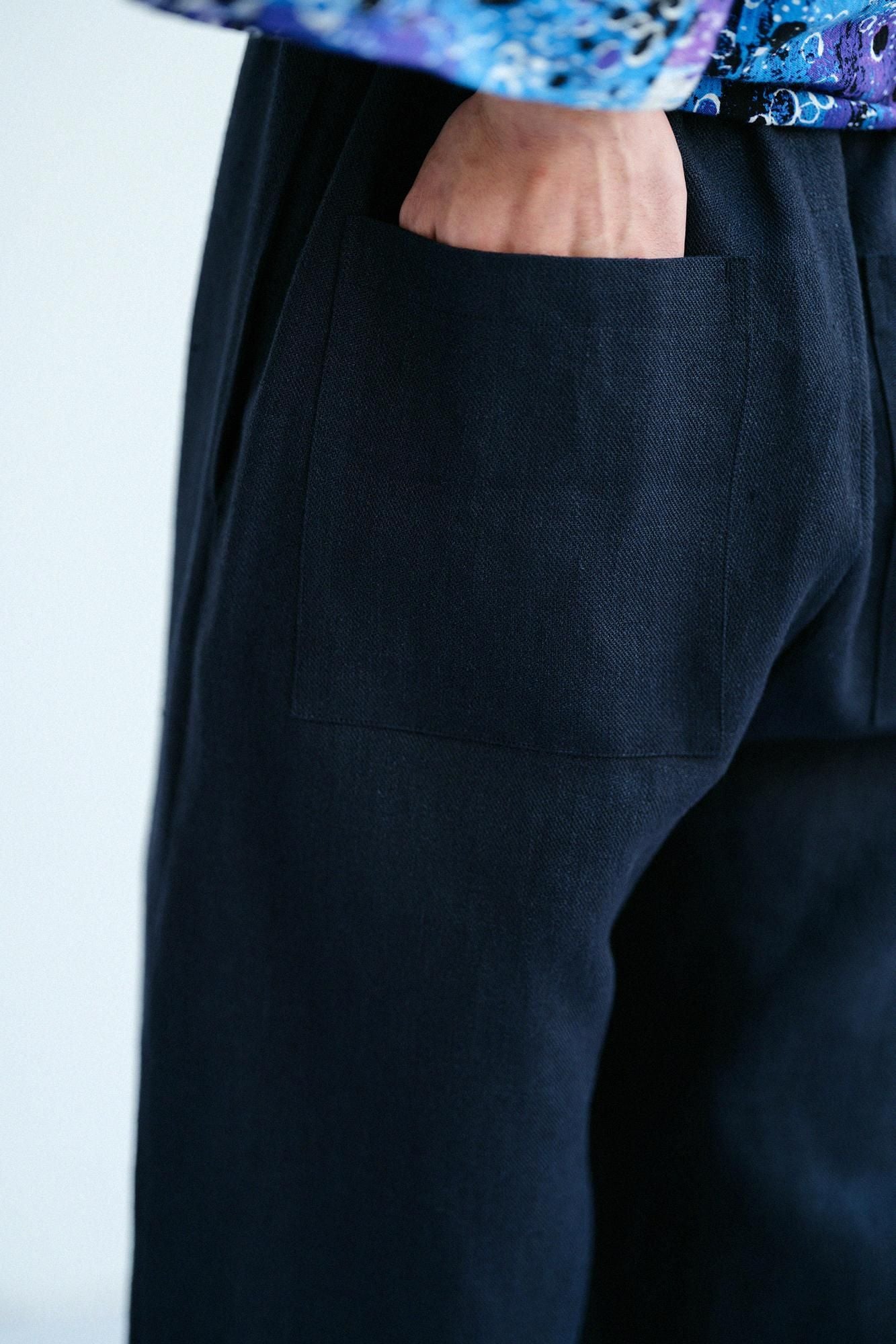 麻 斜紋織 作務衣下裝/暗藍色