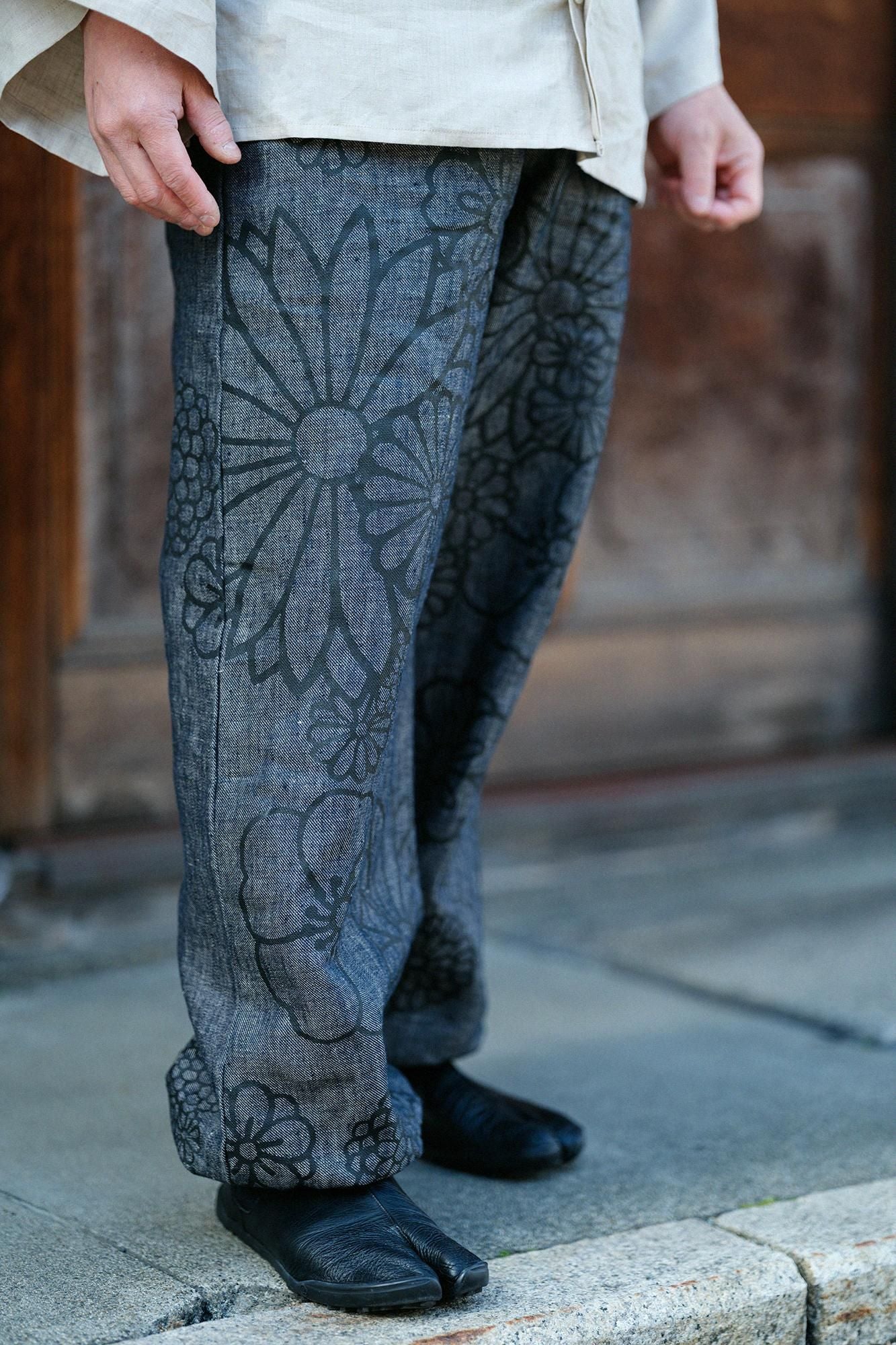 麻 斜紋織 作務衣下裝/金襴緞子