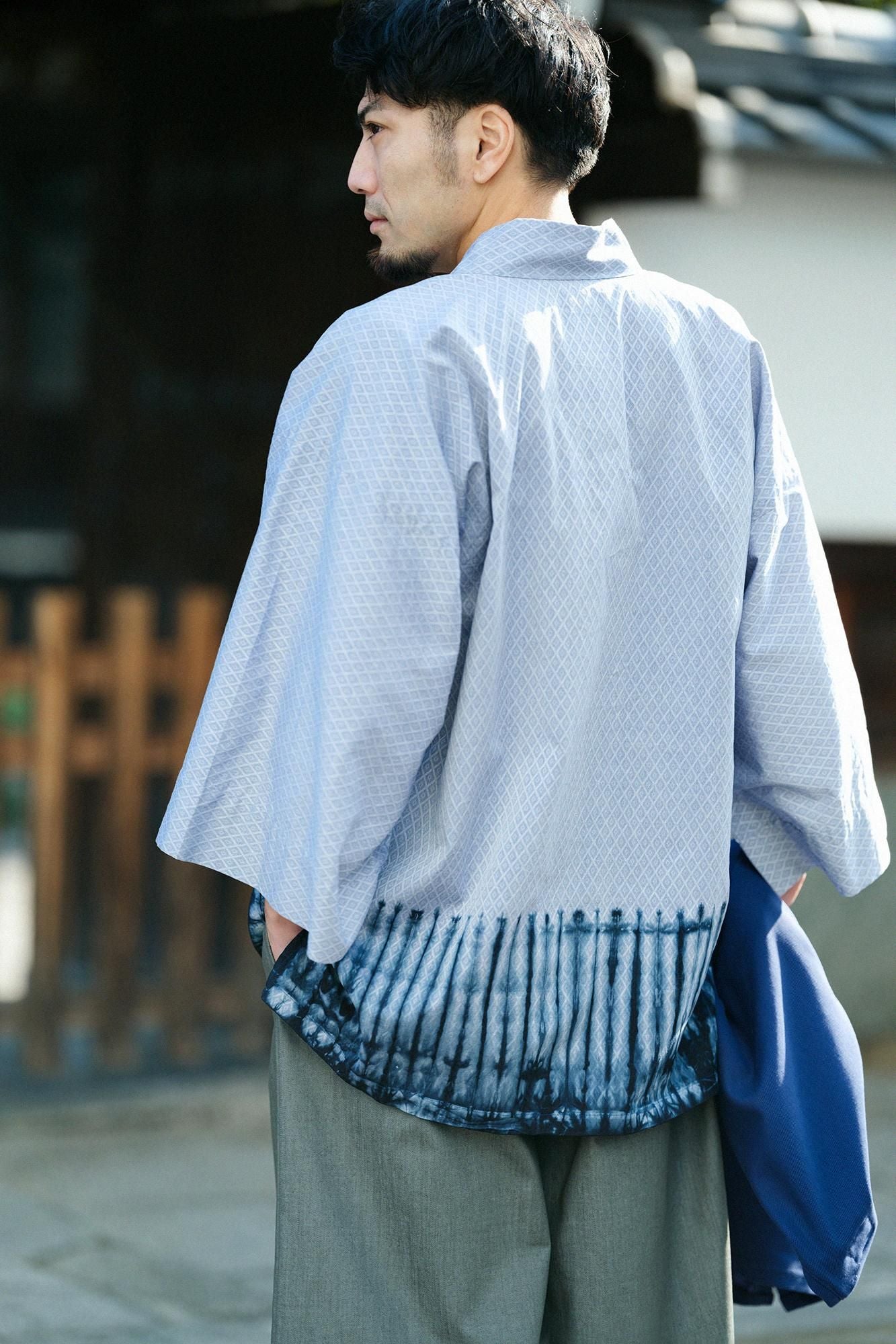 【官網限定】田端紮染 菱小紋織風靡上衣(fuubi)縫製衣服/手筋帶紮染) 灰藍色