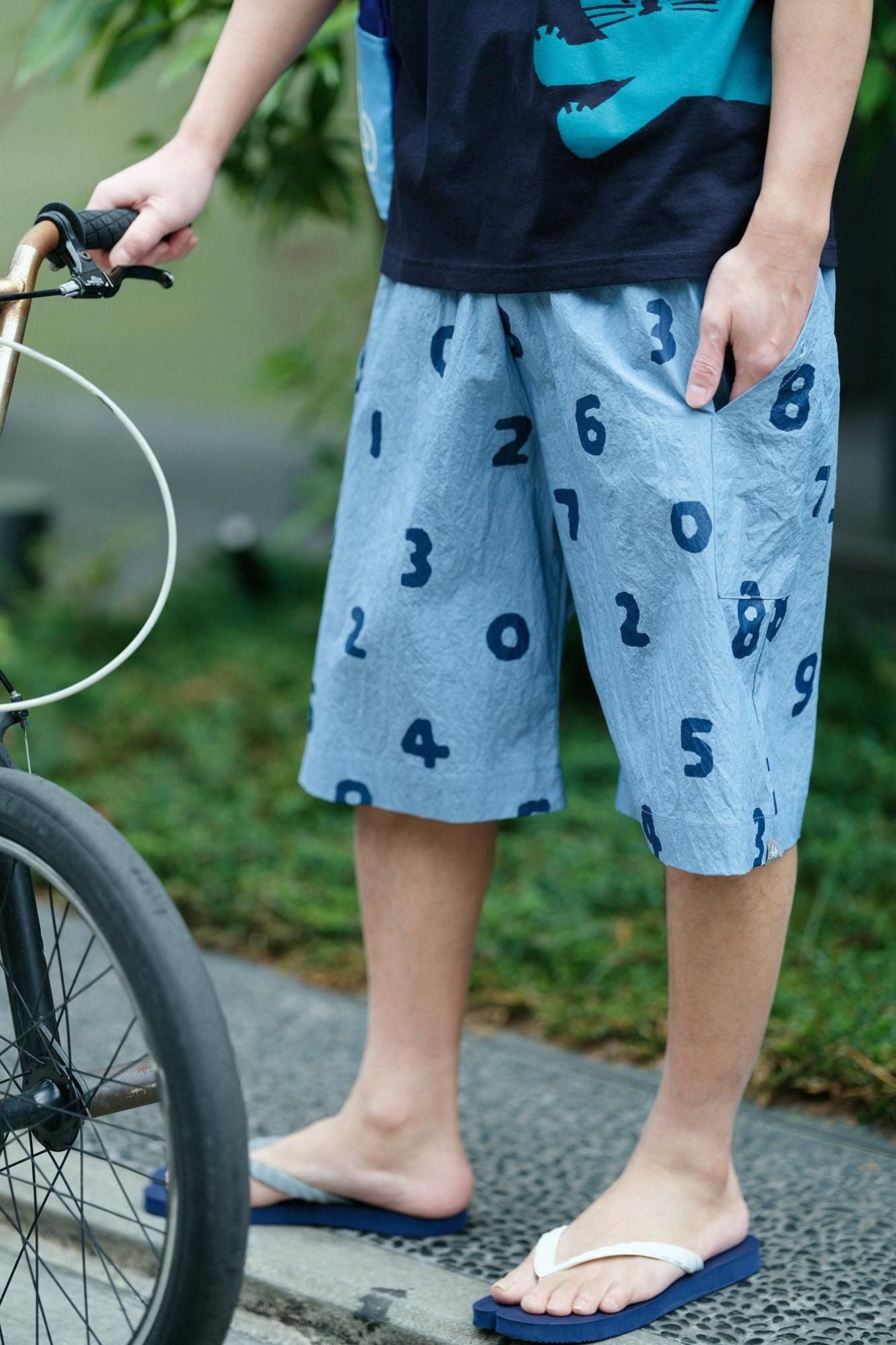 打字机布自行车短裤/so-su-u灰蓝色(haiao)