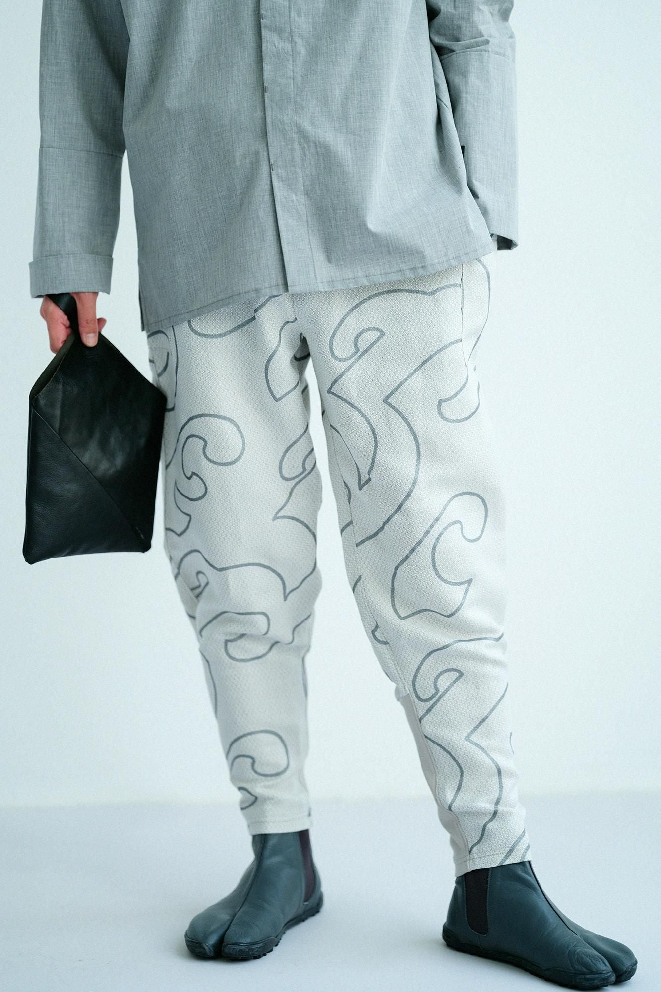 Linen-Rayon Blend Dobby Weave / Harem Pants Many Waves Light Grey