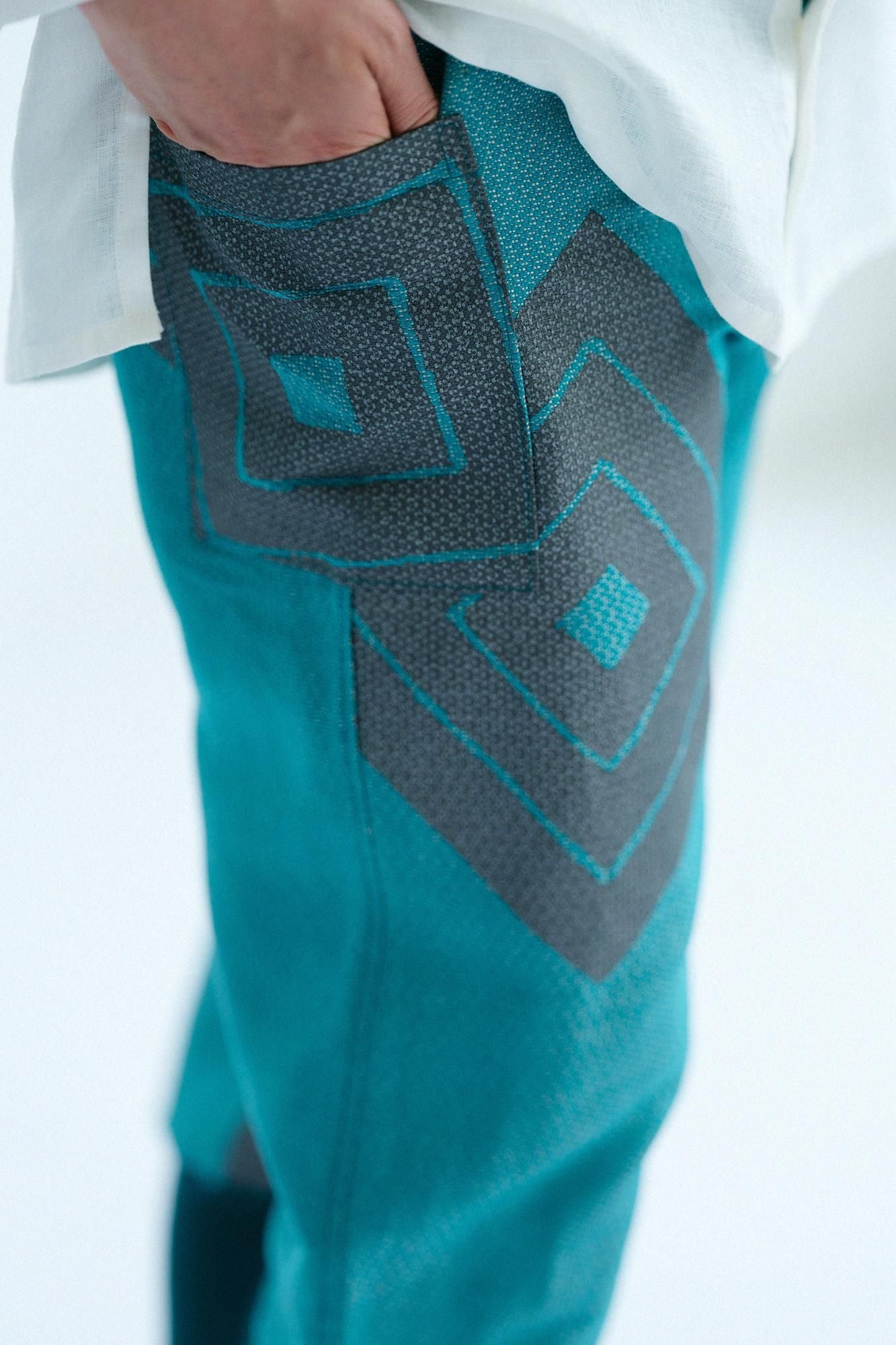 麻人造絲 多臂織 哈倫褲/山十八 番孔雀綠