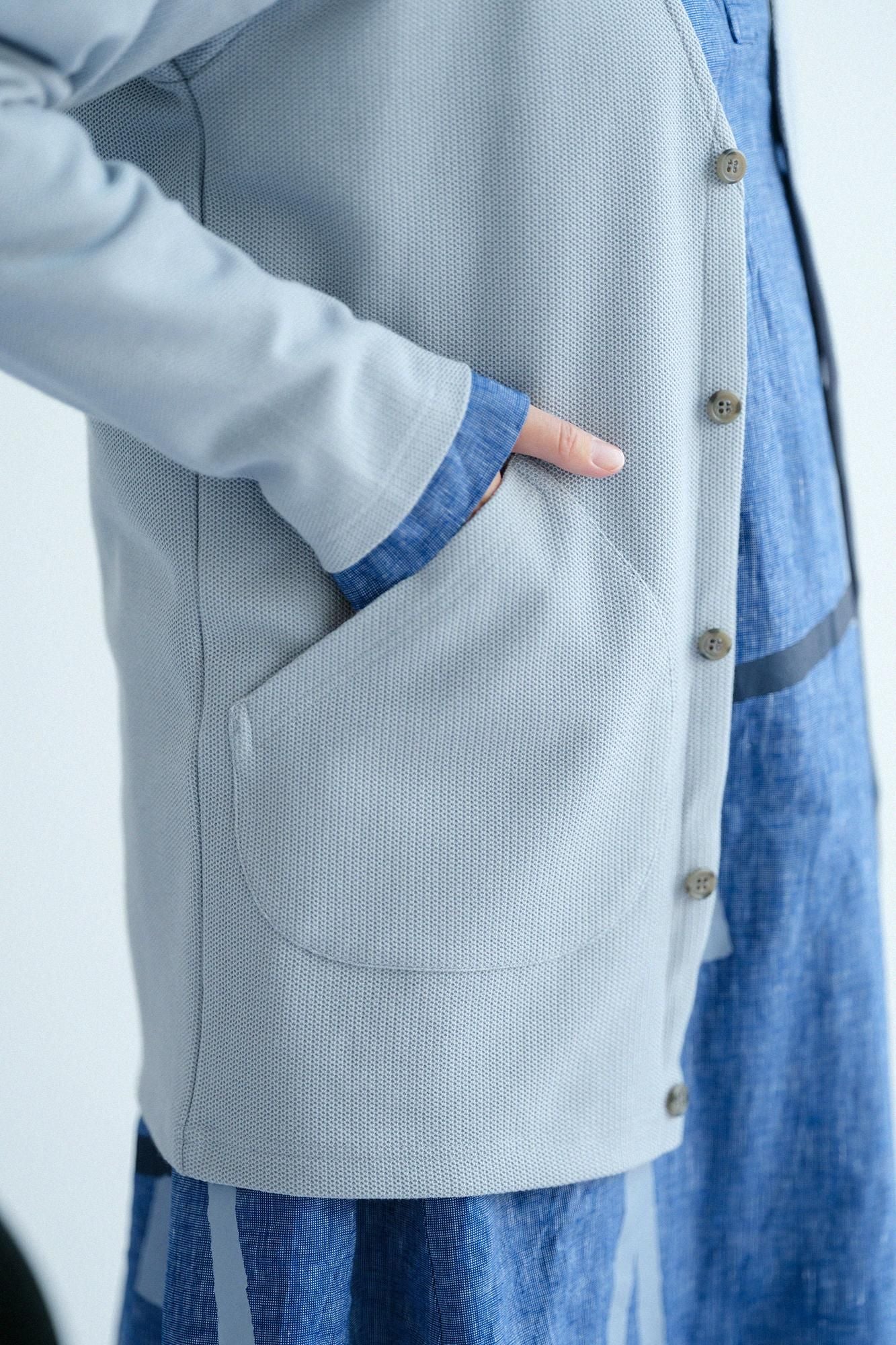 Kanocon针织V领L/S开衫/蓝色灰色