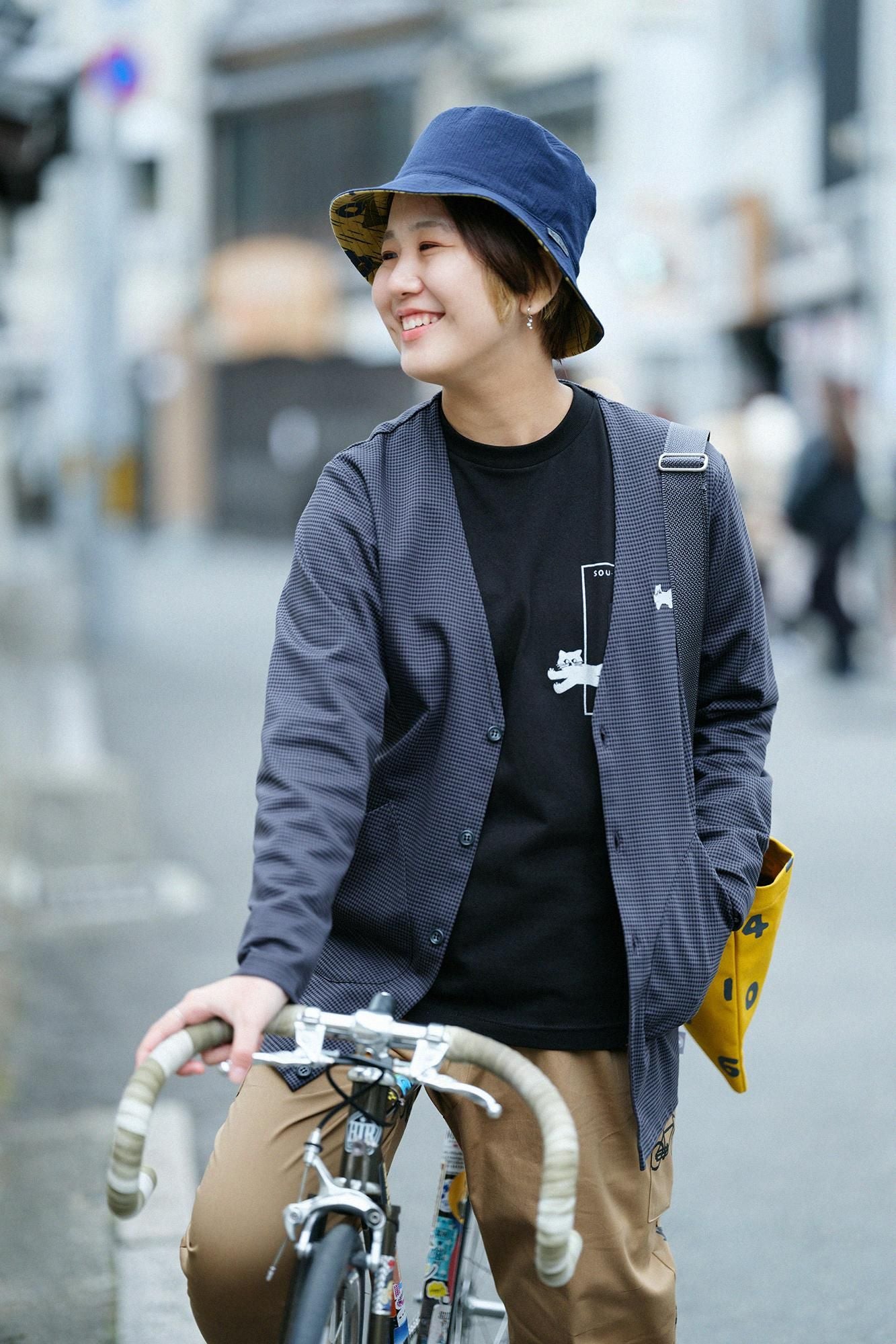 Houndstooth Check V-neck L/S Cardigan / Grey