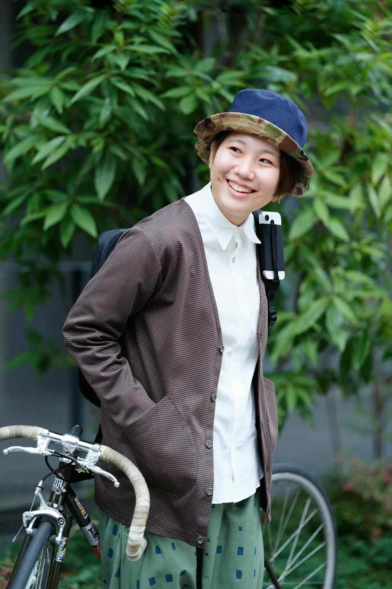 千鳥格紋織V領L/S外套/棕色