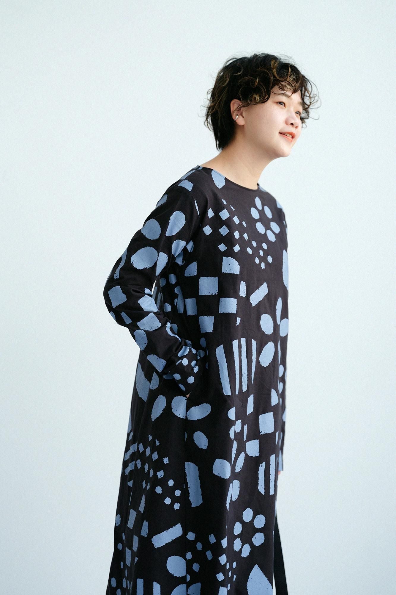 Cotton Japanese Paper Blend BIKE One-piece Dress / Spring Buds Sunny Black