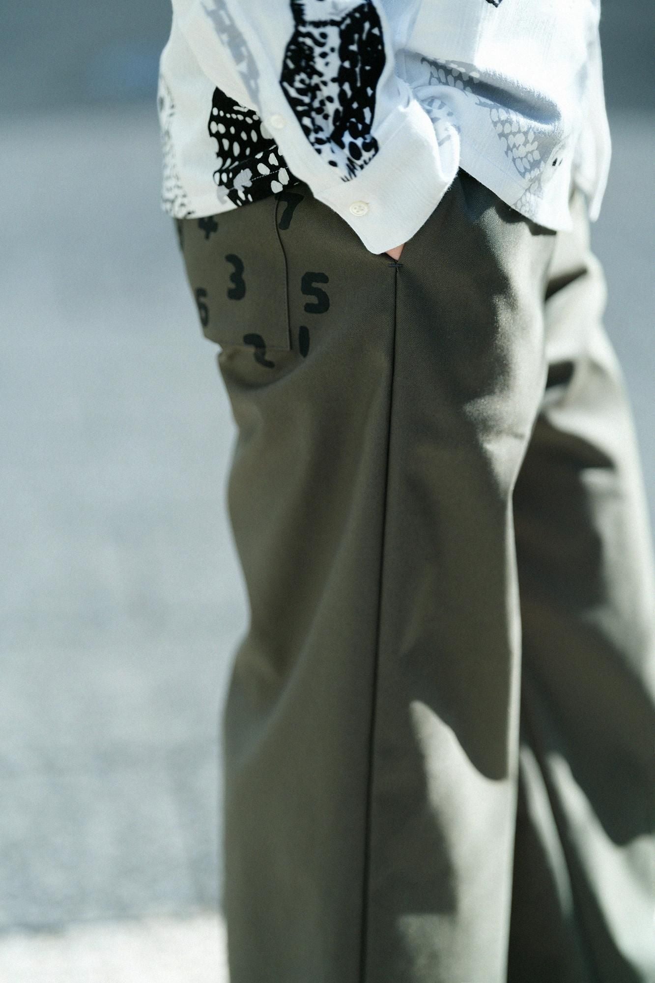 Stretch Oxford Fabric Wide Pants / Moss Green