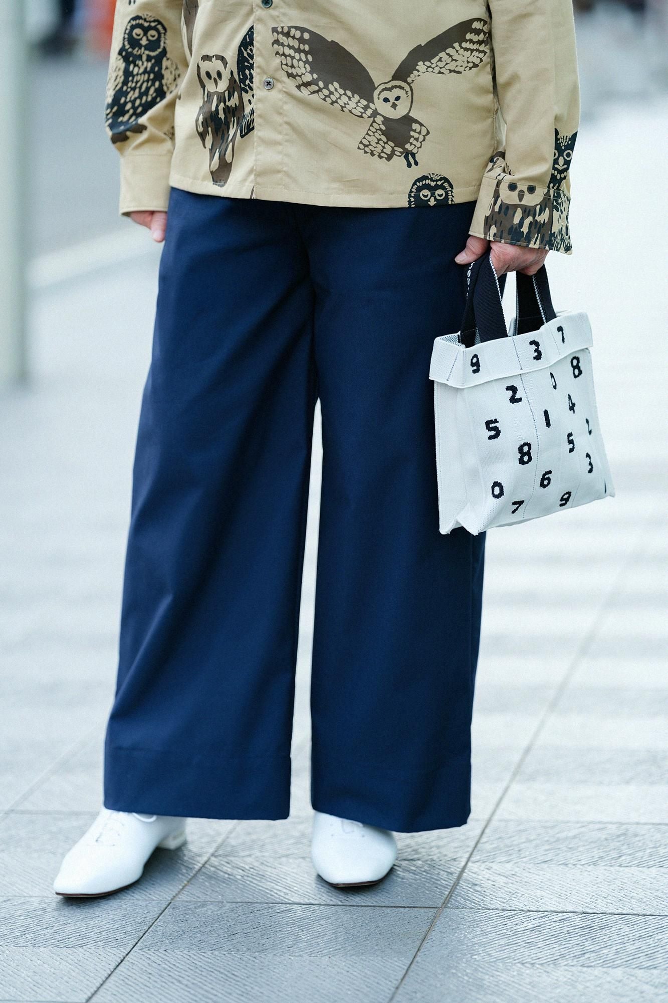 彈性牛津布闊腿褲/藍黑色