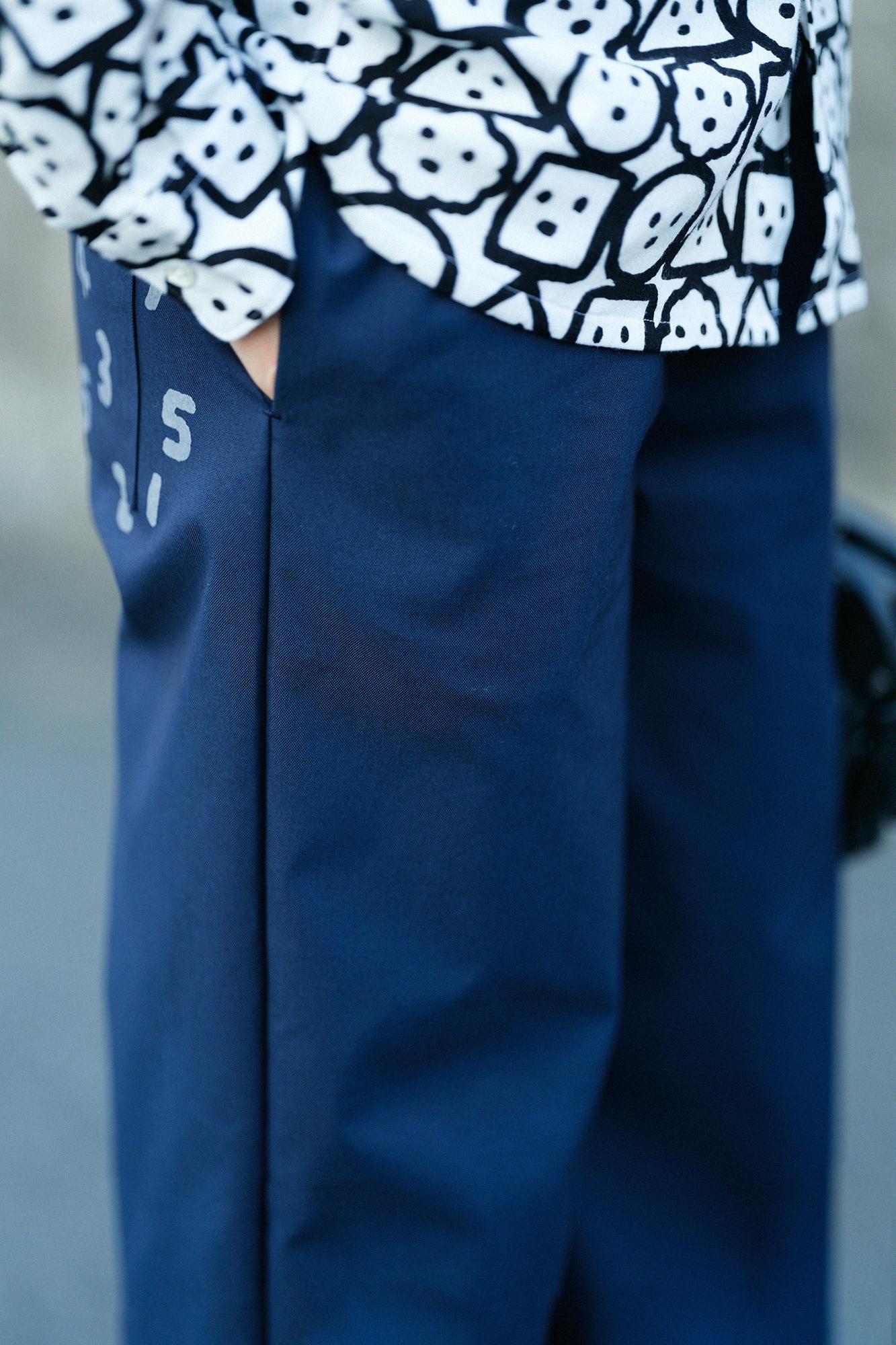 彈性牛津布闊腿褲/藍黑色