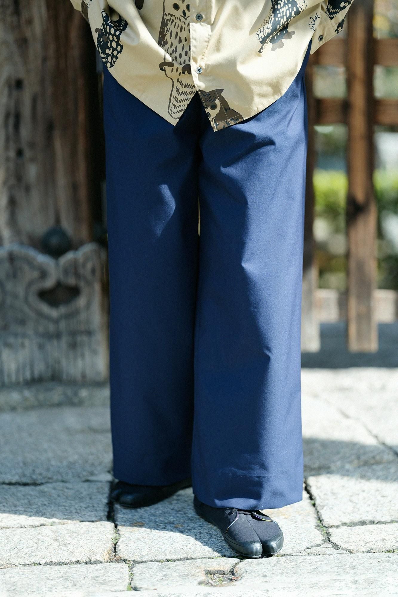 彈性牛津布闊腿褲/藍黑色