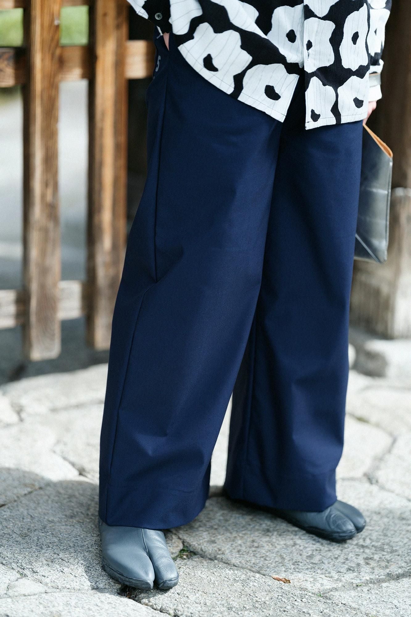 彈性牛津布闊腿褲/藍黑色