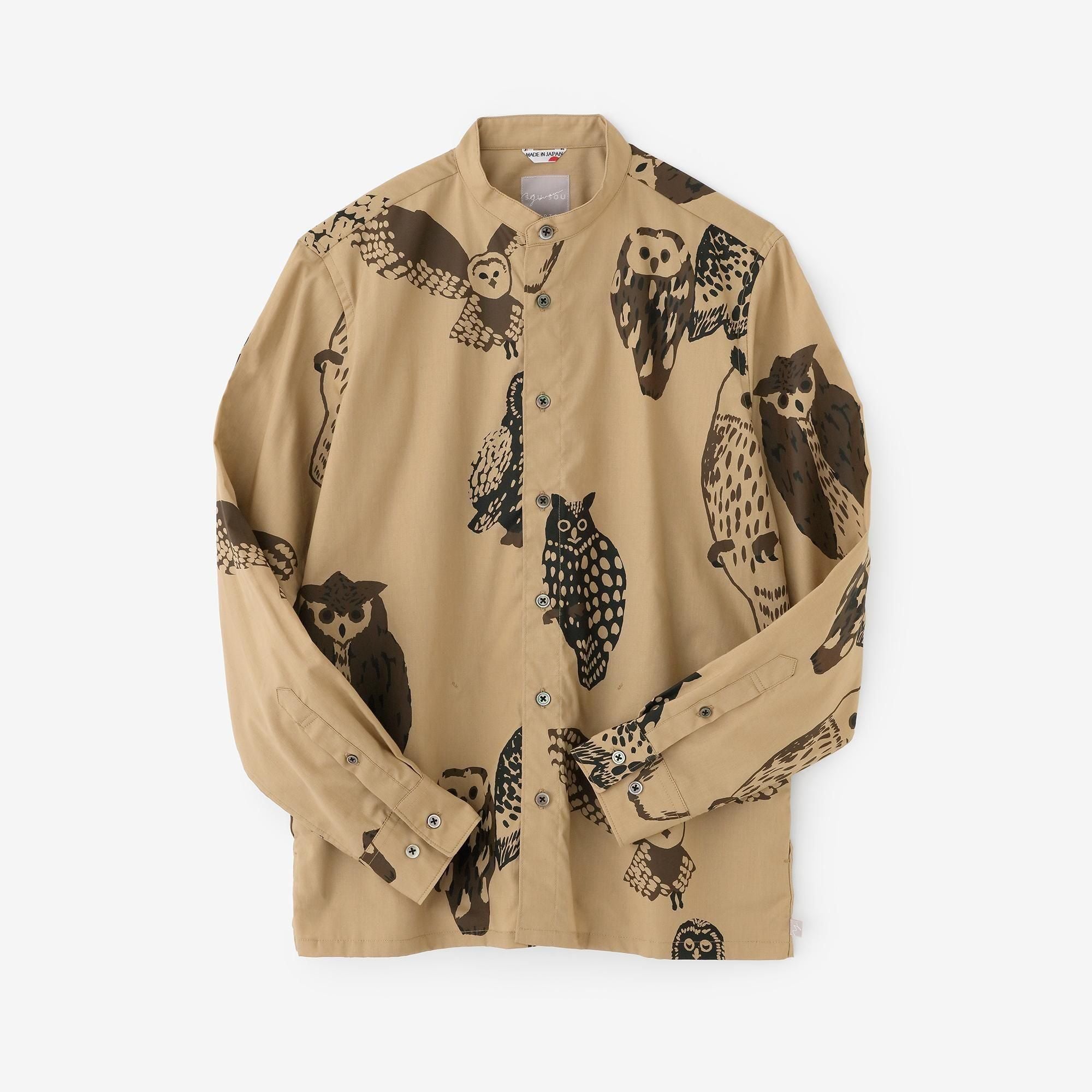Cotton Tencel Stand Collar Long-sleeved Shirt SP / Owl Hazelnut Color